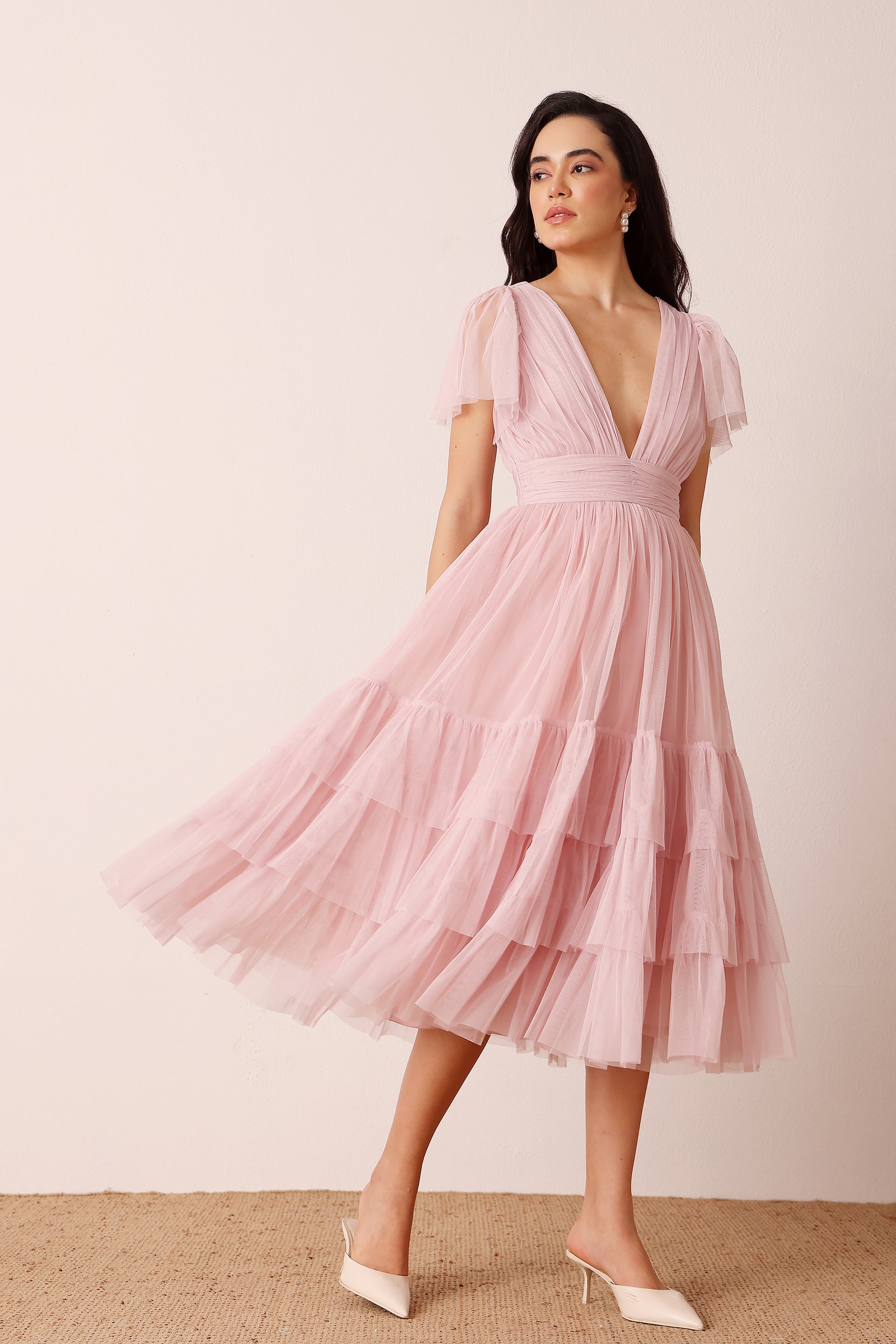 Madison Powder Pink Tulle Midi Bridesmaid Dress