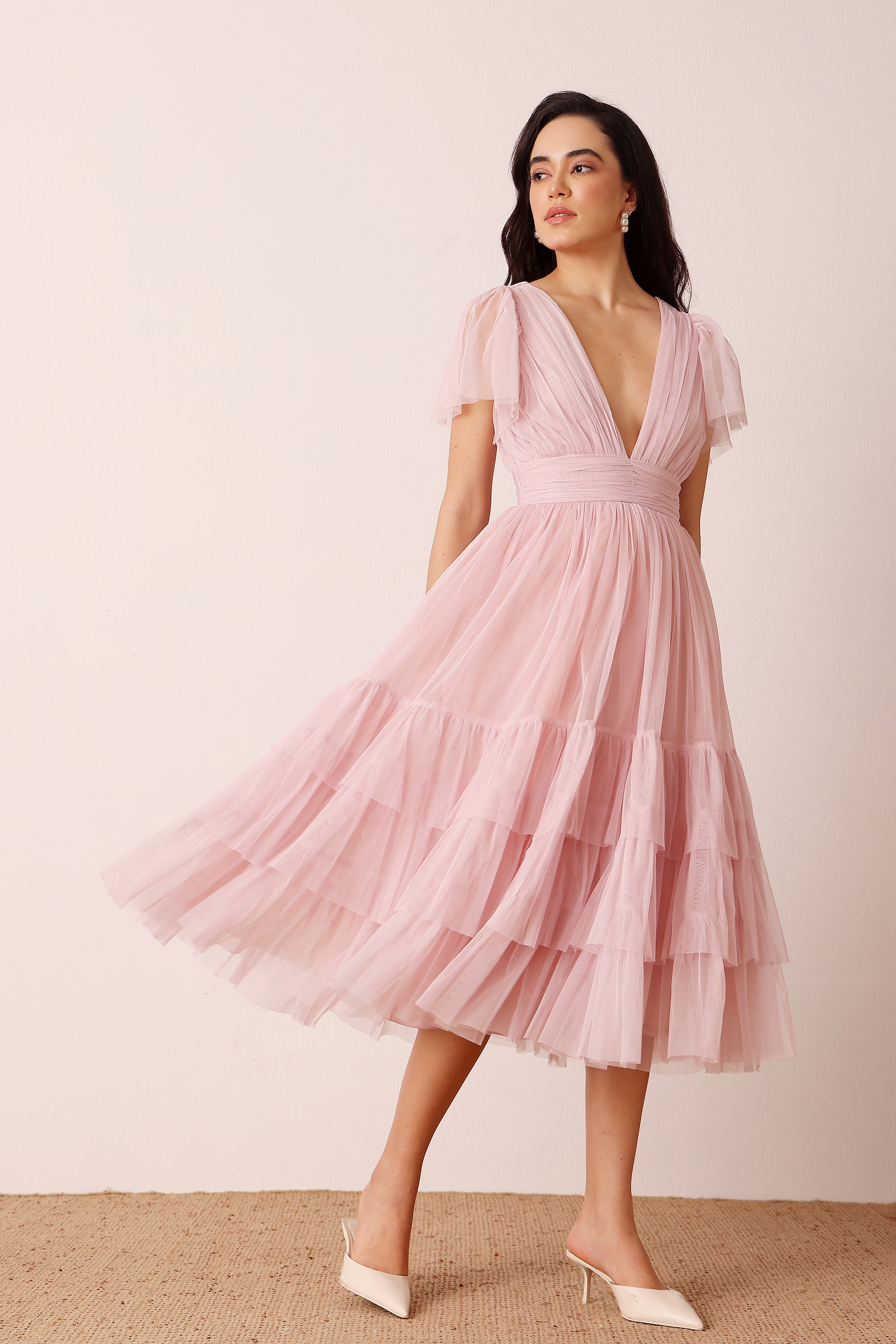Madison Powder Pink Tulle Midi Bridesmaid Dress