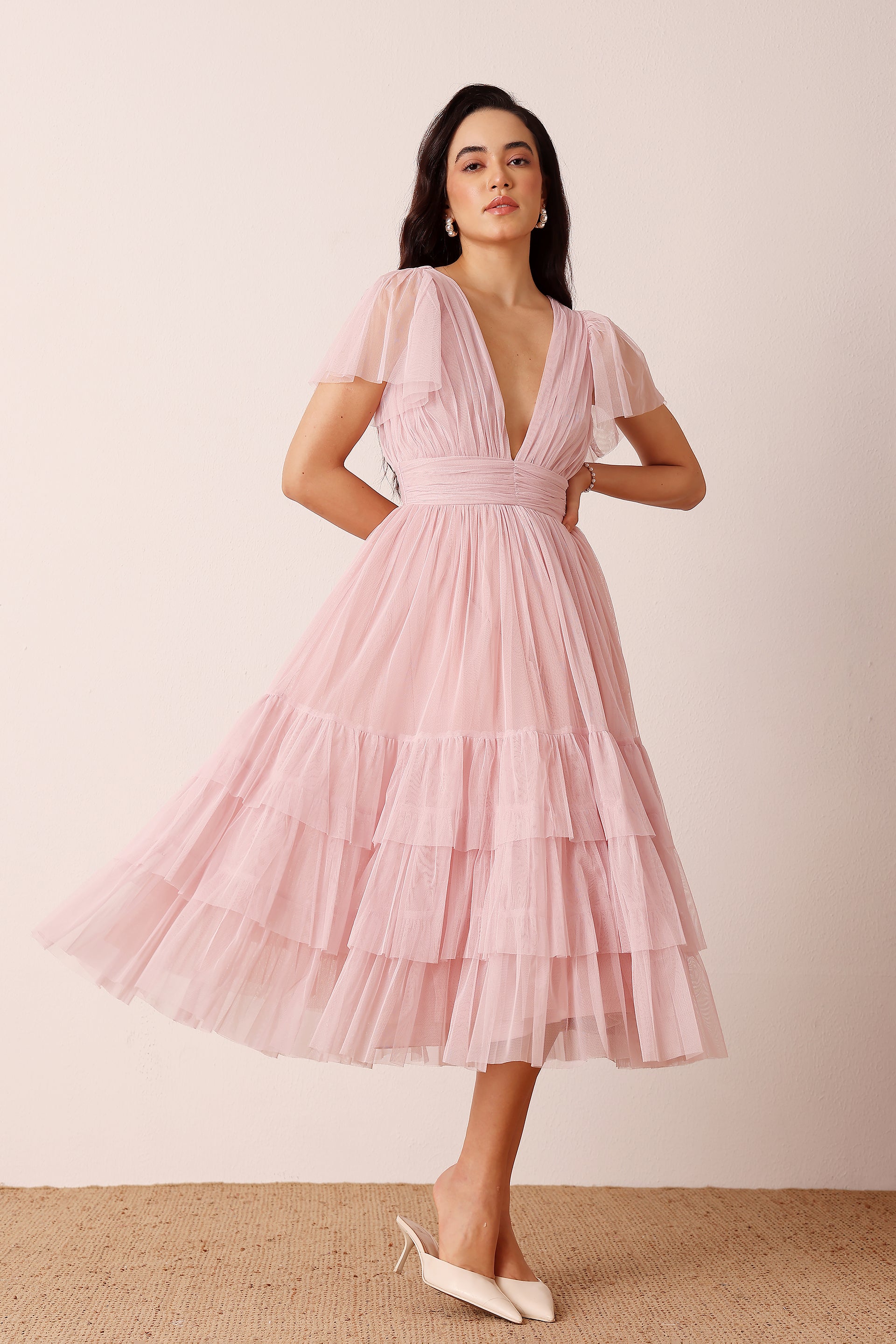 Madison Powder Pink Tulle Midi Bridesmaid Dress