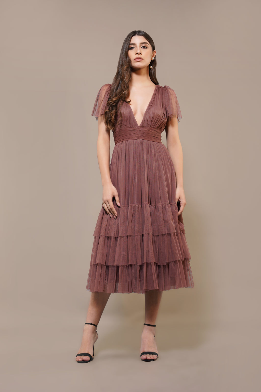 Madison Rose Brown Tulle Bridesmaid Midi Dress UK6 / Rose Brown