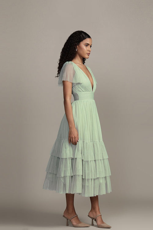 Whimsical Sage Green Glitter Tulle Midi Dress