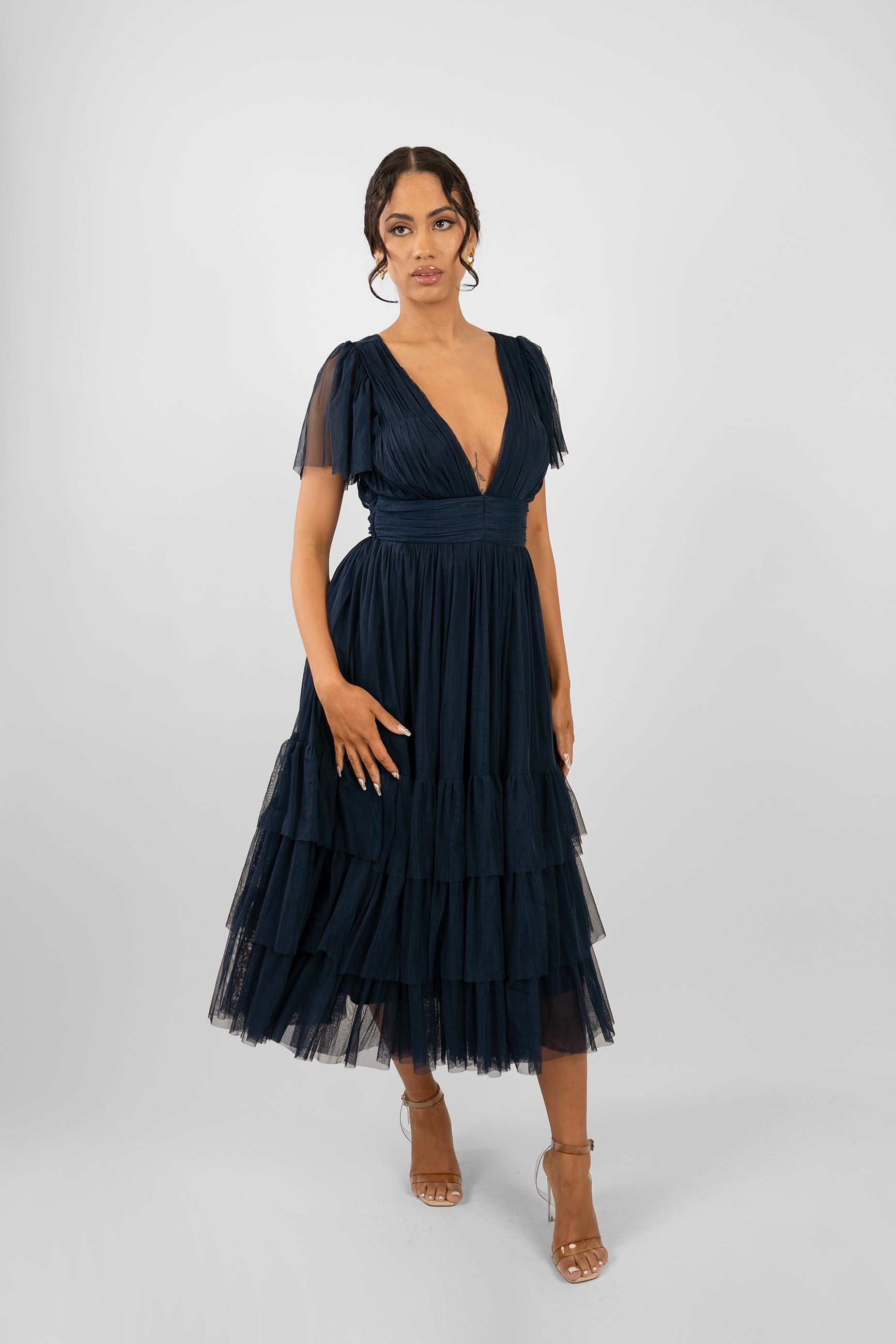 Plunging Short Sleeve Layered Tiered Bridesmaid Wedding Guest Navy Blue Midi Dress