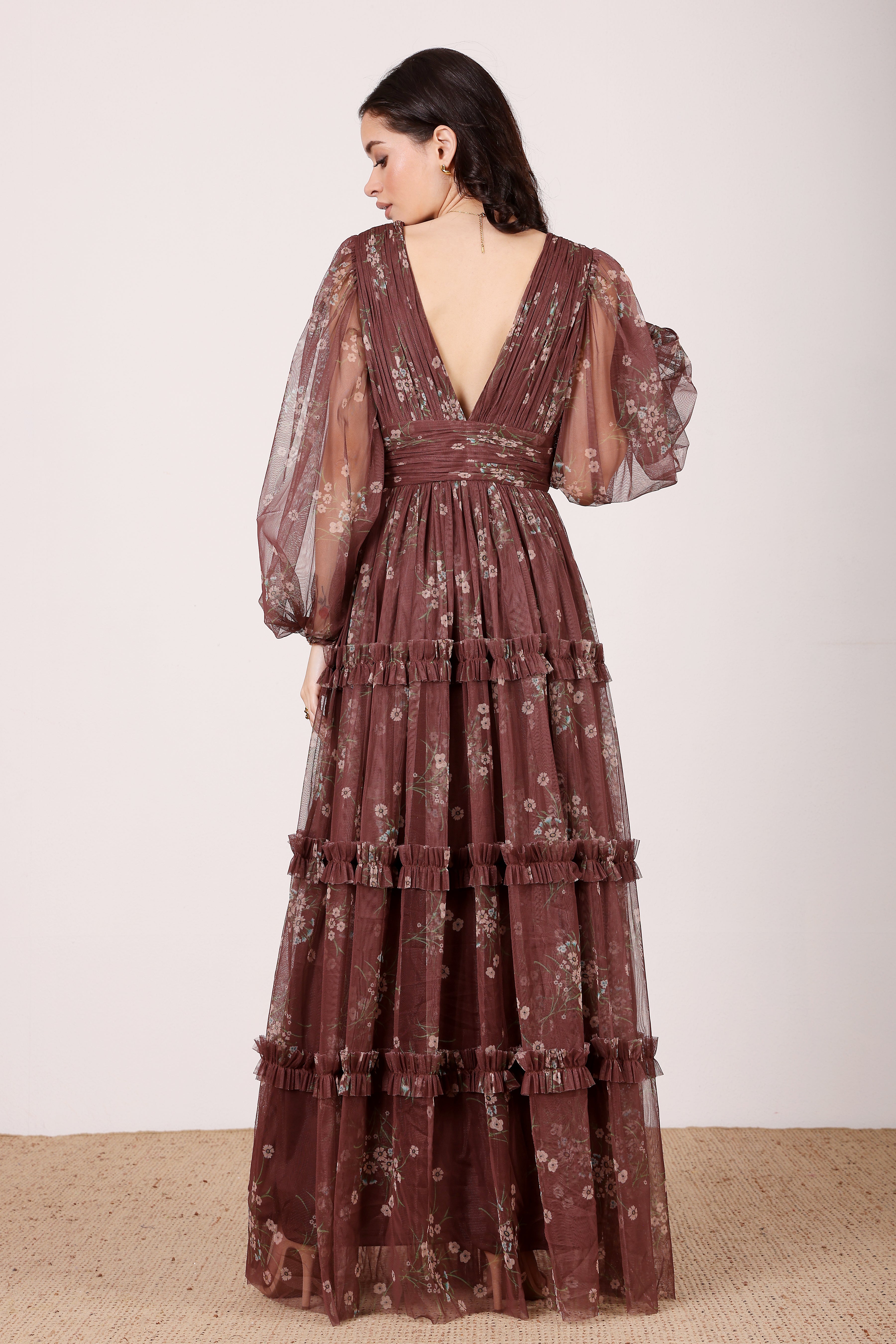 Lydia Tulle Maxi Dress in Mahogany Brown Floral Lace & Beads Lydia Tulle Maxi Dress in Mahogany Brown Floral Lace & Beads