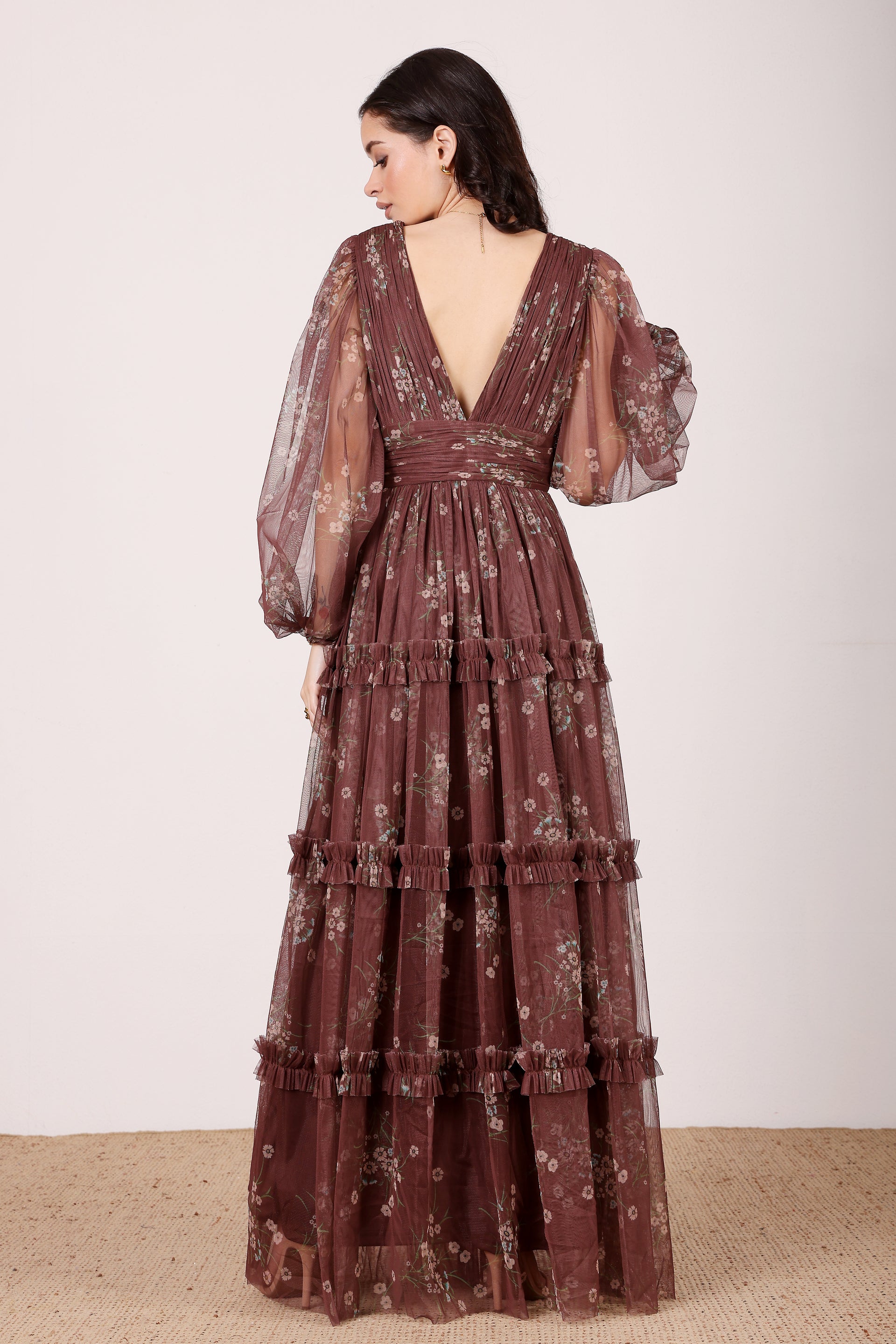 Lydia Tulle Maxi Dress in Mahogany Brown Floral