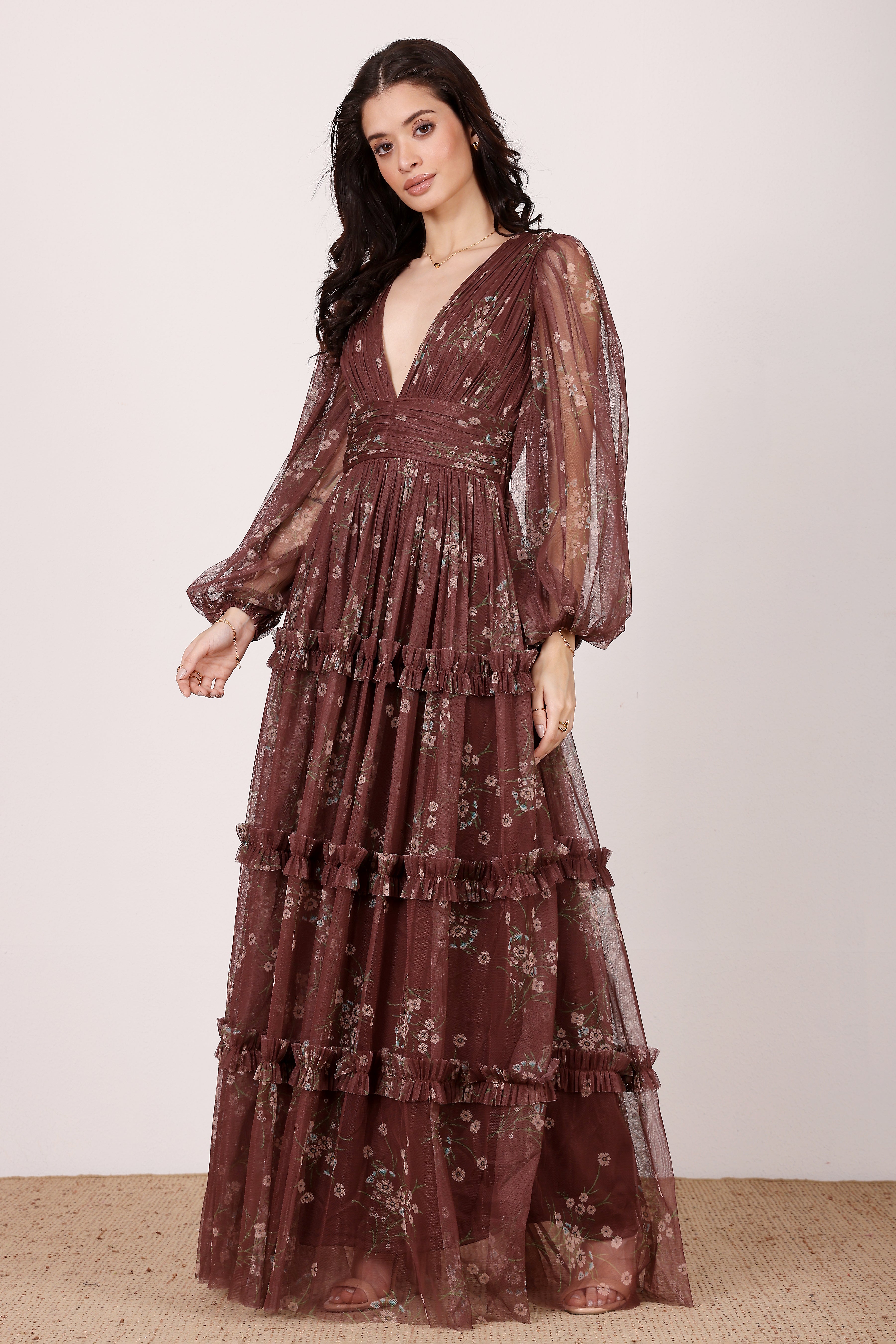 Long sleeve tulle maxi brown floral wedding formal dress