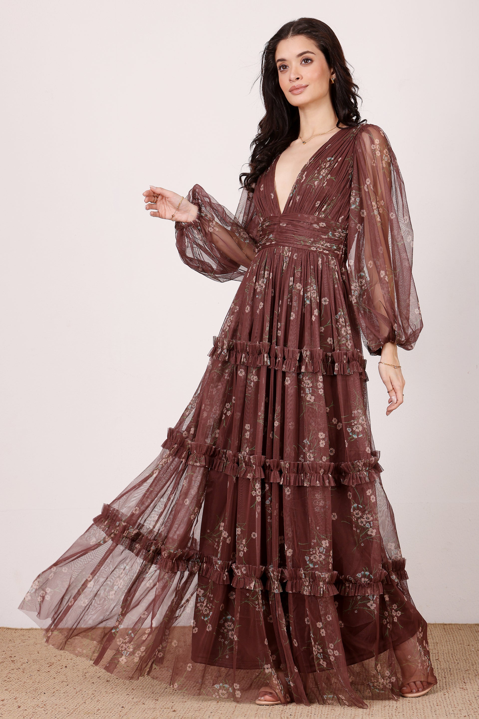 Lydia Tulle Maxi Dress in Mahogany Brown Floral