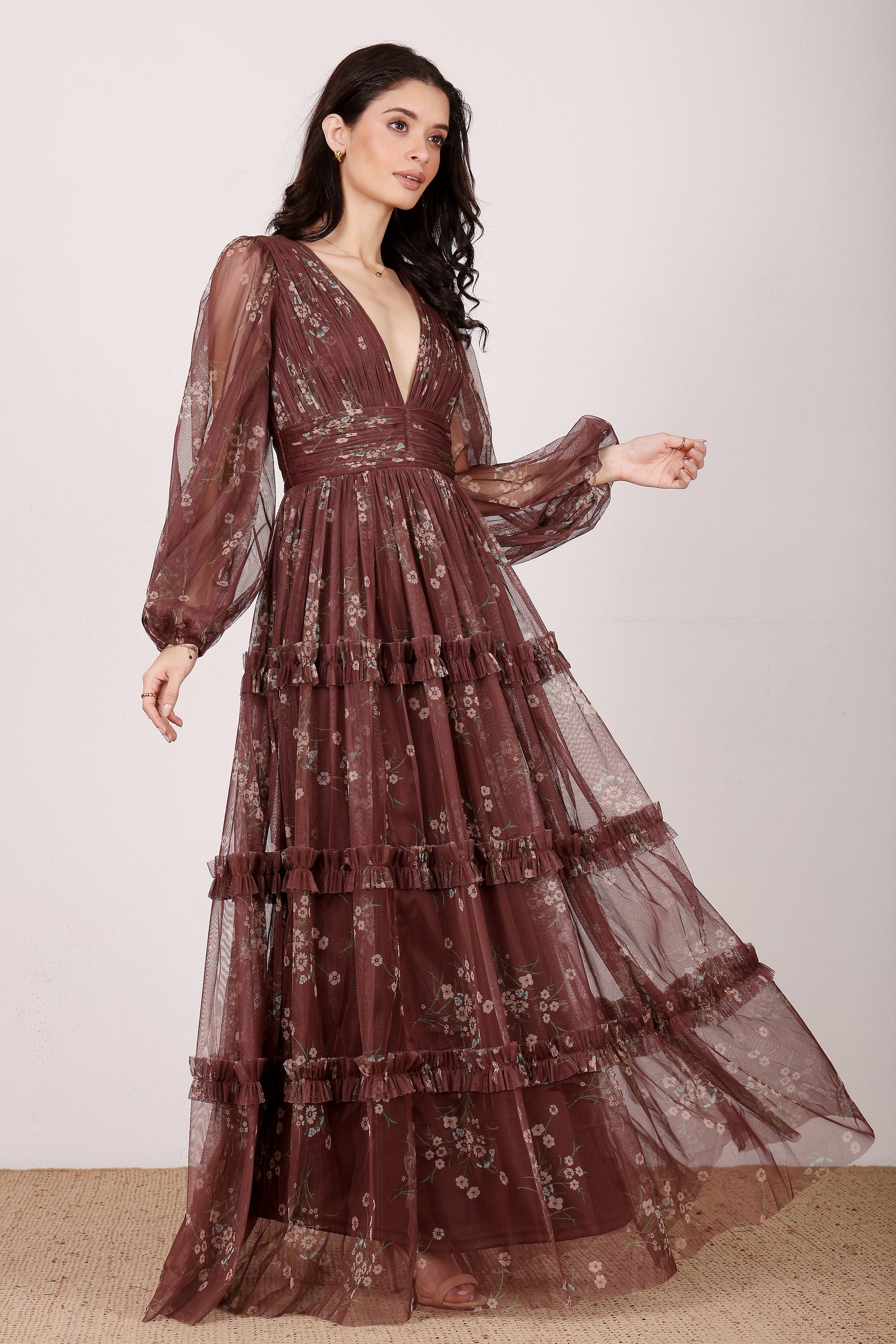 Lydia Tulle Maxi Dress in Mahogany Brown Floral