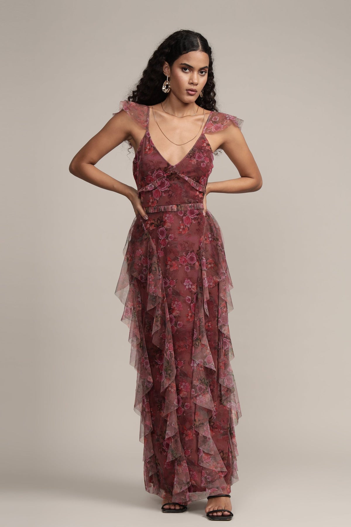 ruffle tulle purple floral maxi dress short-sleeve