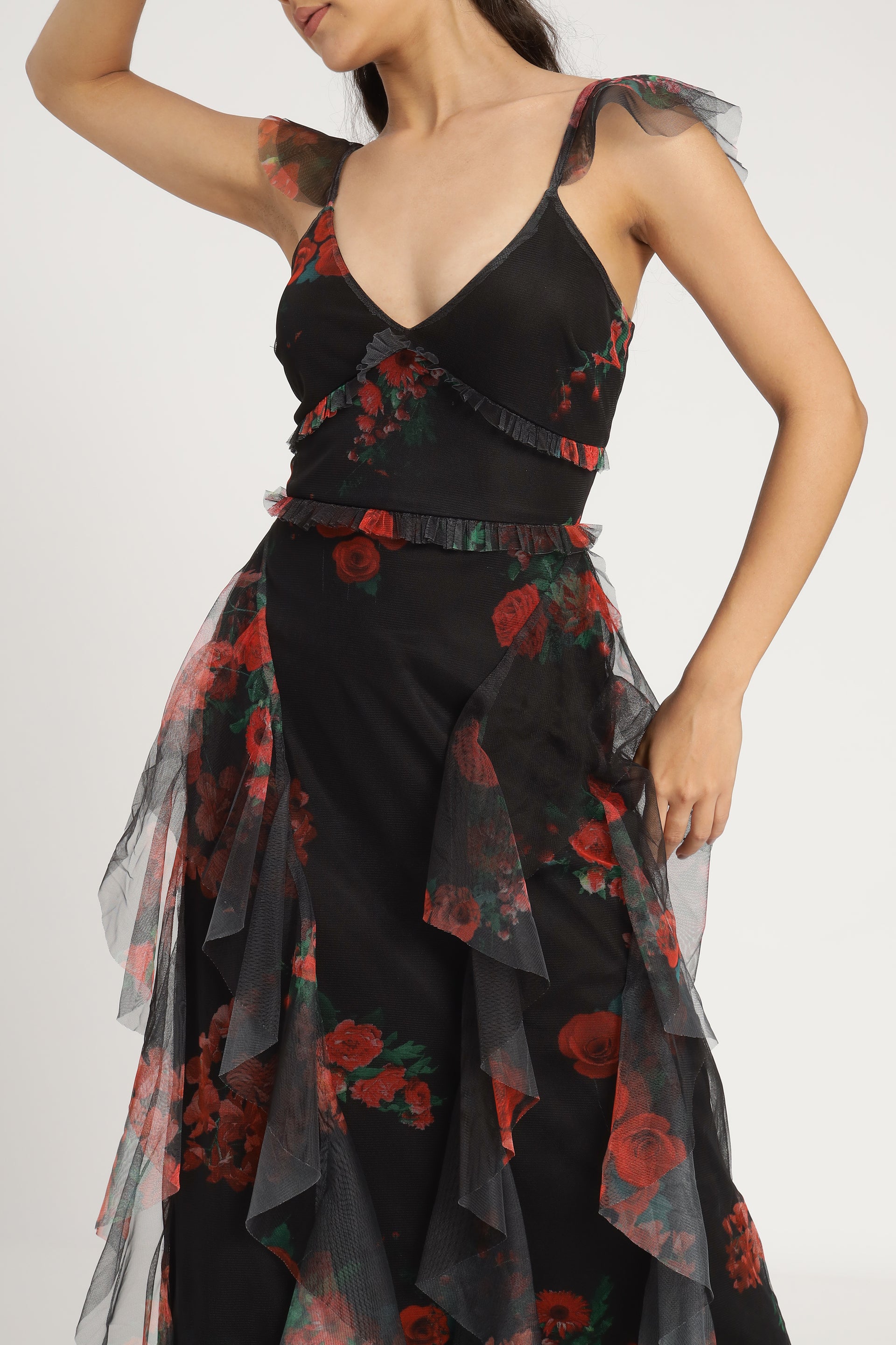 Malin Tulle Maxi Dress in Black and Red Floral