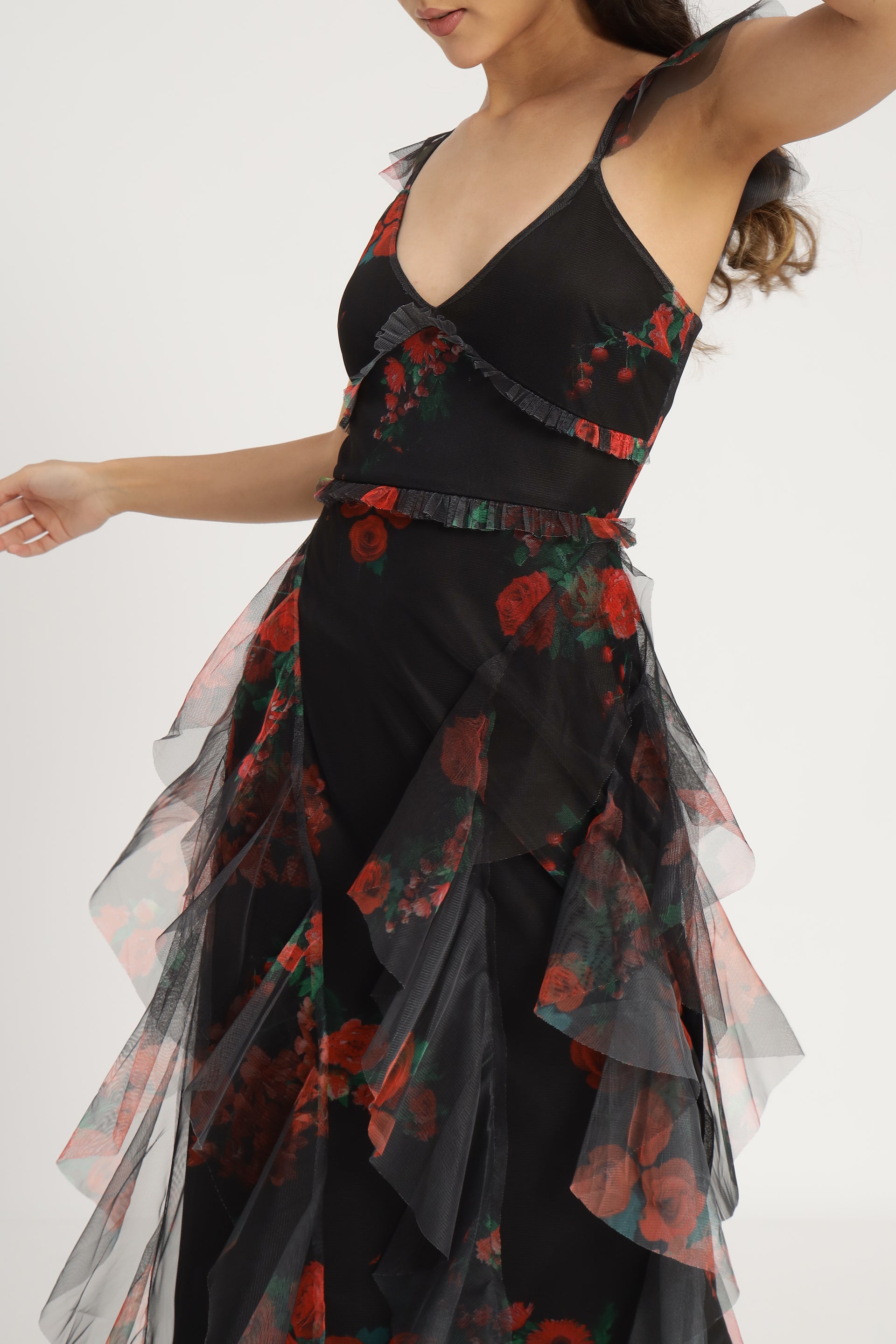 Malin Tulle Maxi Dress in Black and Red Floral