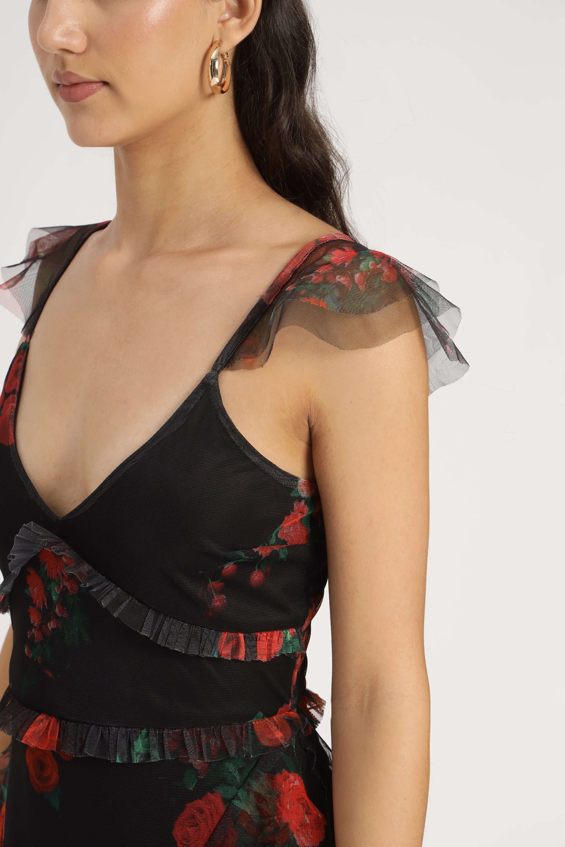 Malin Tulle Maxi Dress in Black and Red Floral