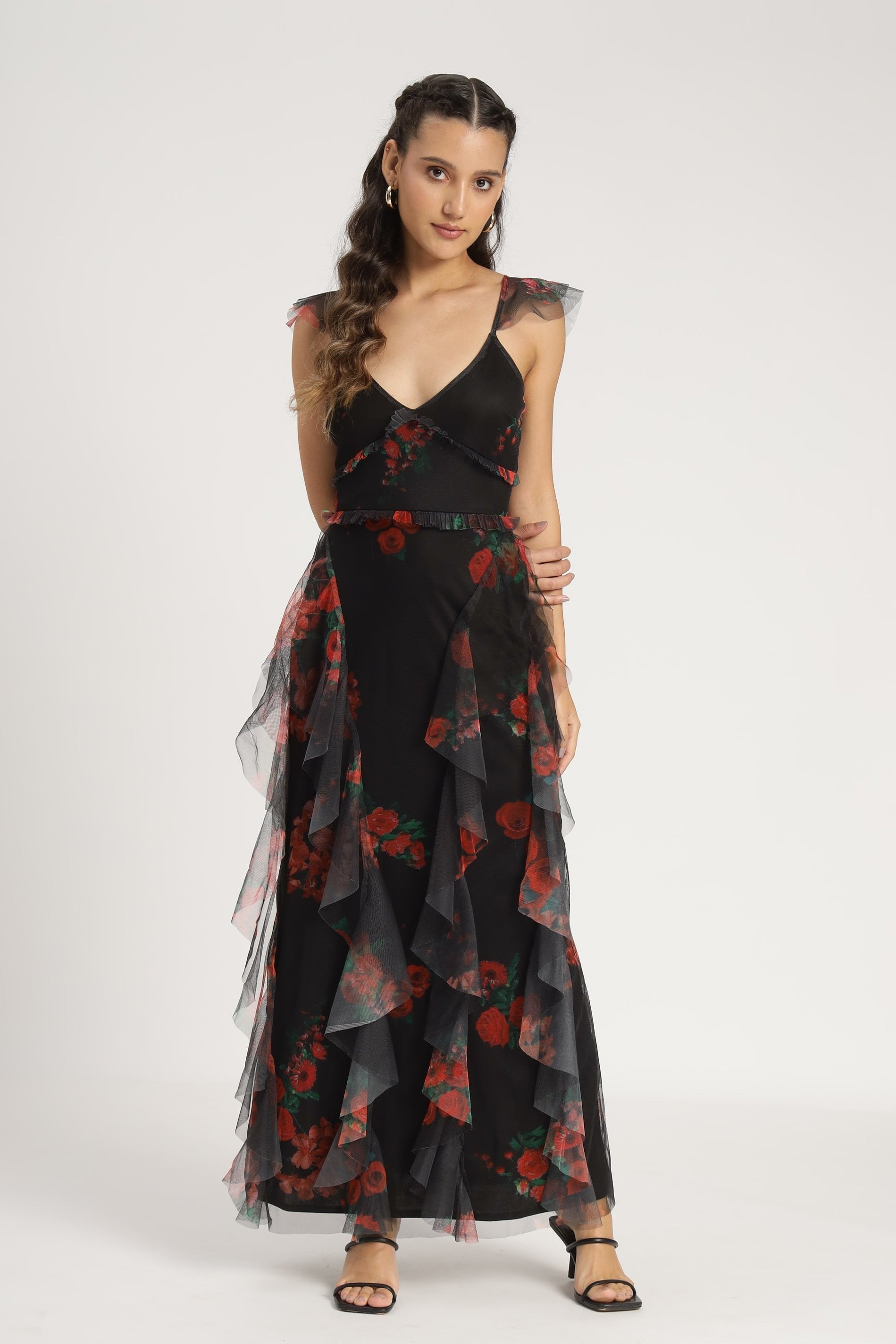 ruffle tulle red black floral maxi dress short-sleeve