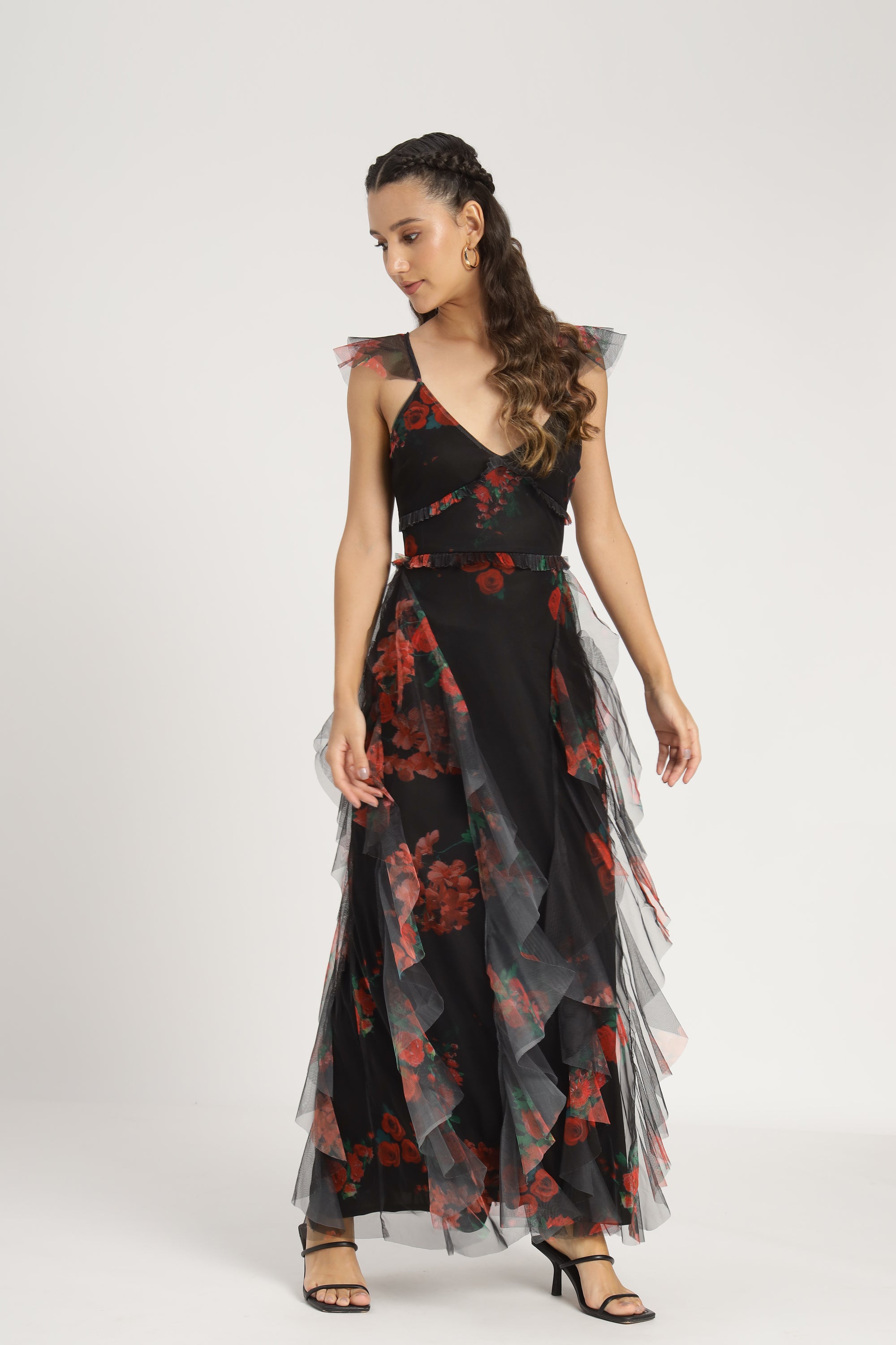 Malin Tulle Maxi Dress in Black and Red Floral Lace & Beads Malin Tulle Maxi Dress in Black and Red Floral Lace & Beads