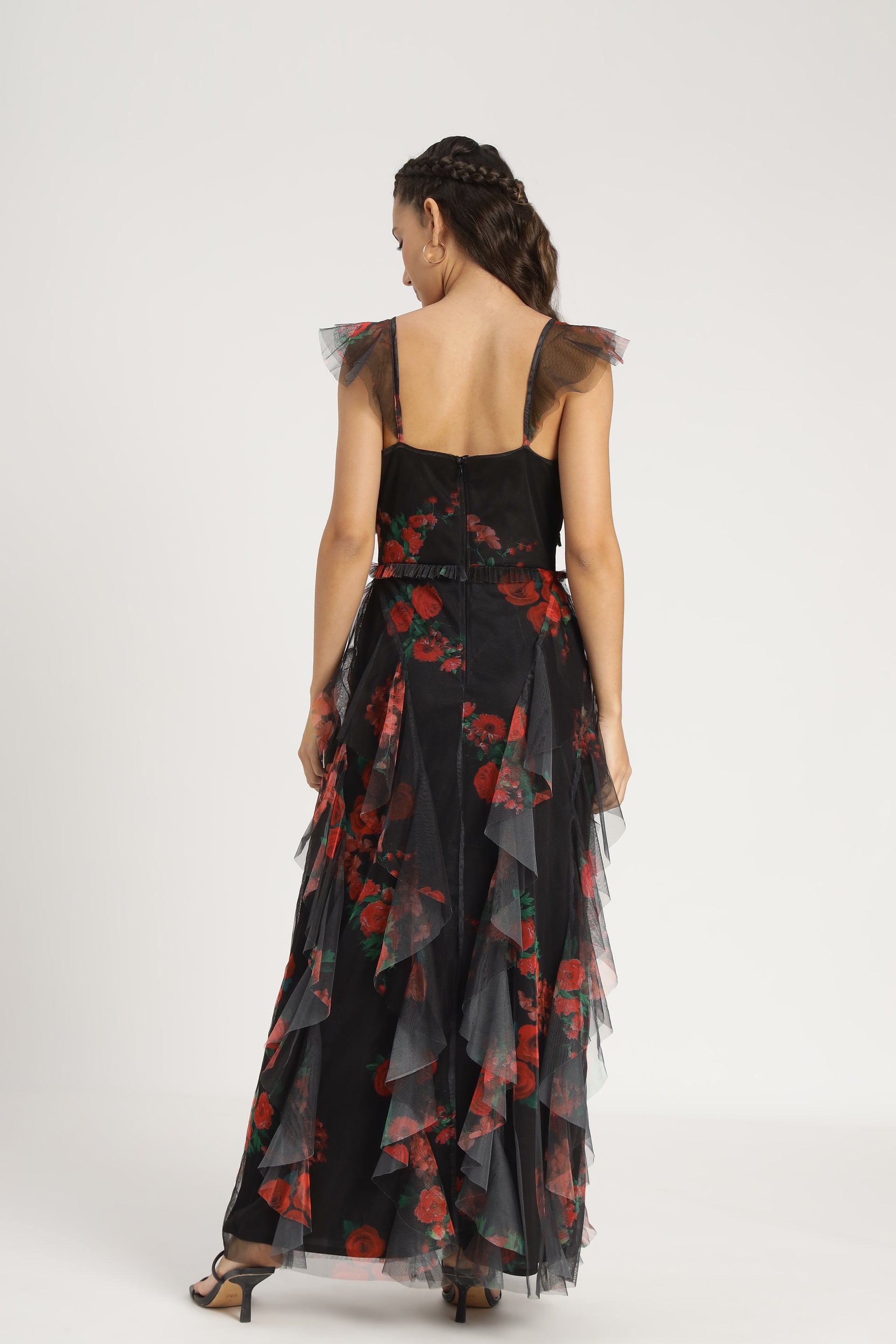 Malin Tulle Maxi Dress in Black and Red Floral