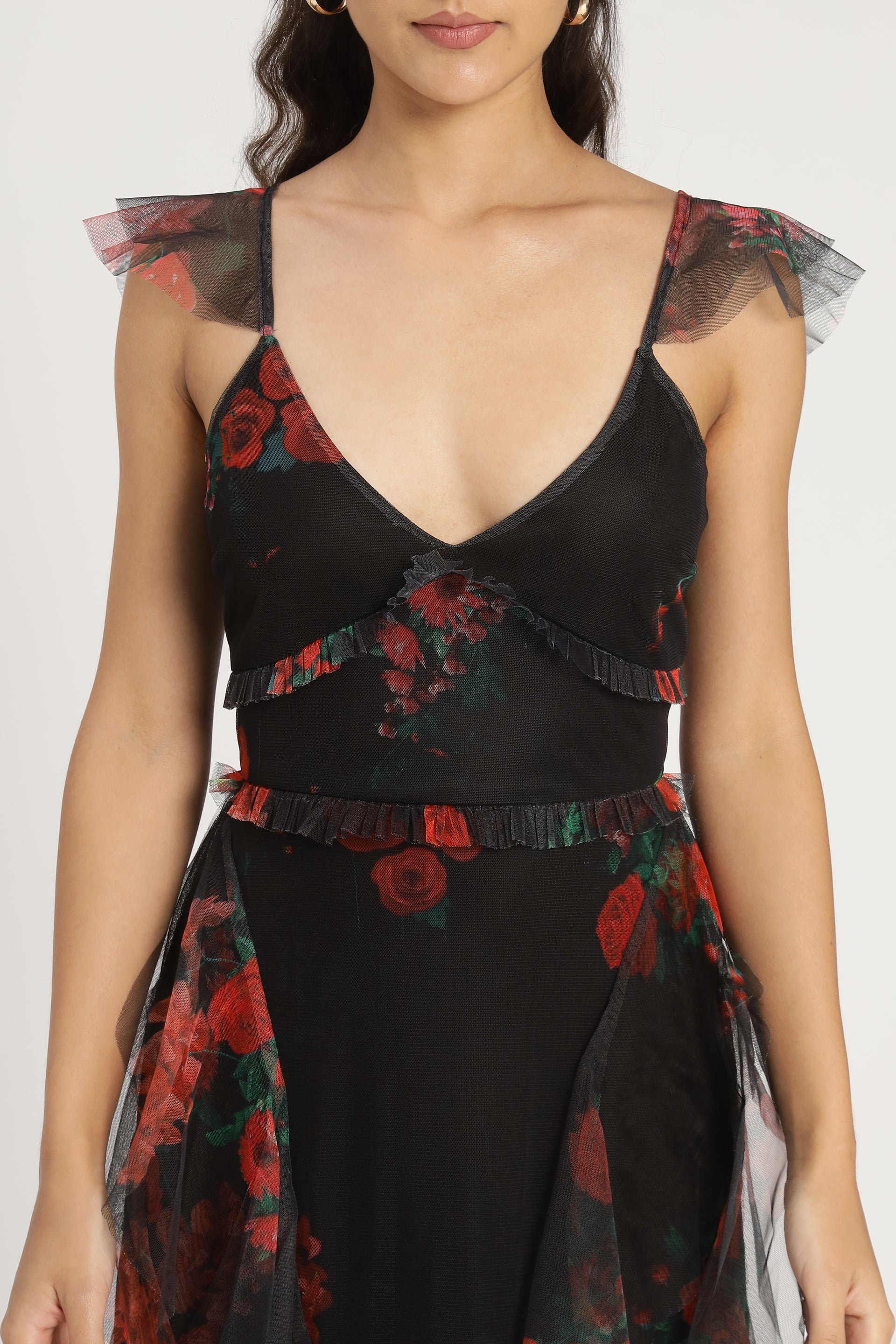 Malin Tulle Maxi Dress in Black and Red Floral