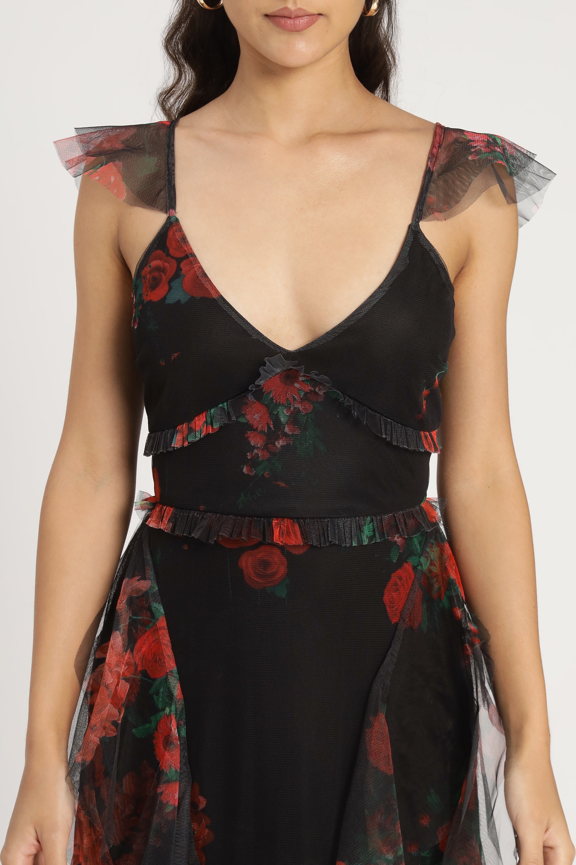 Malin Tulle Maxi Dress in Black and Red Floral