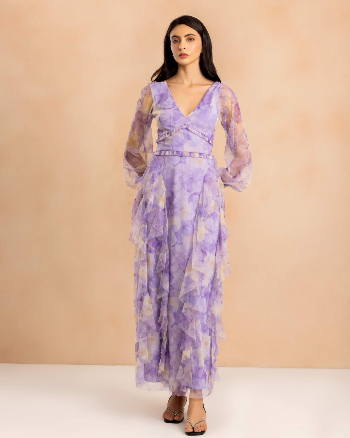 Long Sleeve Malin Tulle Maxi Dress in Blown Up Lilac Floral
