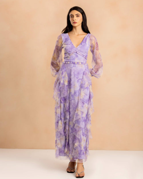 Long Sleeve Malin Tulle Maxi Dress in Blown Up Lilac Floral