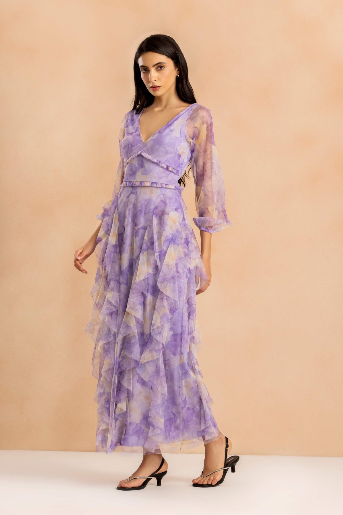 Long Sleeve Malin Tulle Maxi Dress in Blown Up Lilac Floral