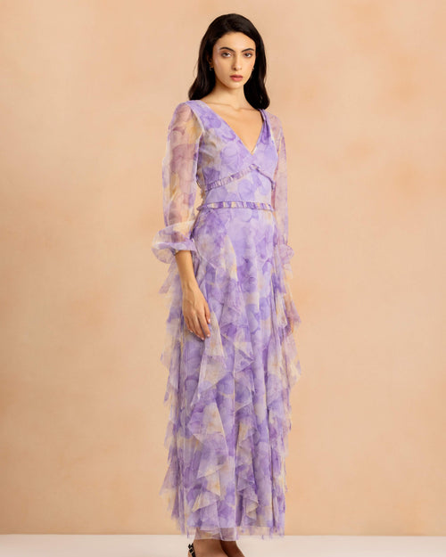 Long Sleeve Malin Tulle Maxi Dress in Blown Up Lilac Floral