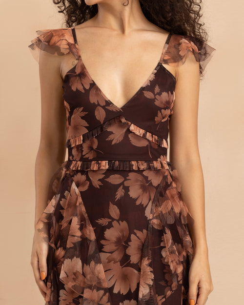 Malin Tulle Midaxi Dress in Autumnal Leaf Print