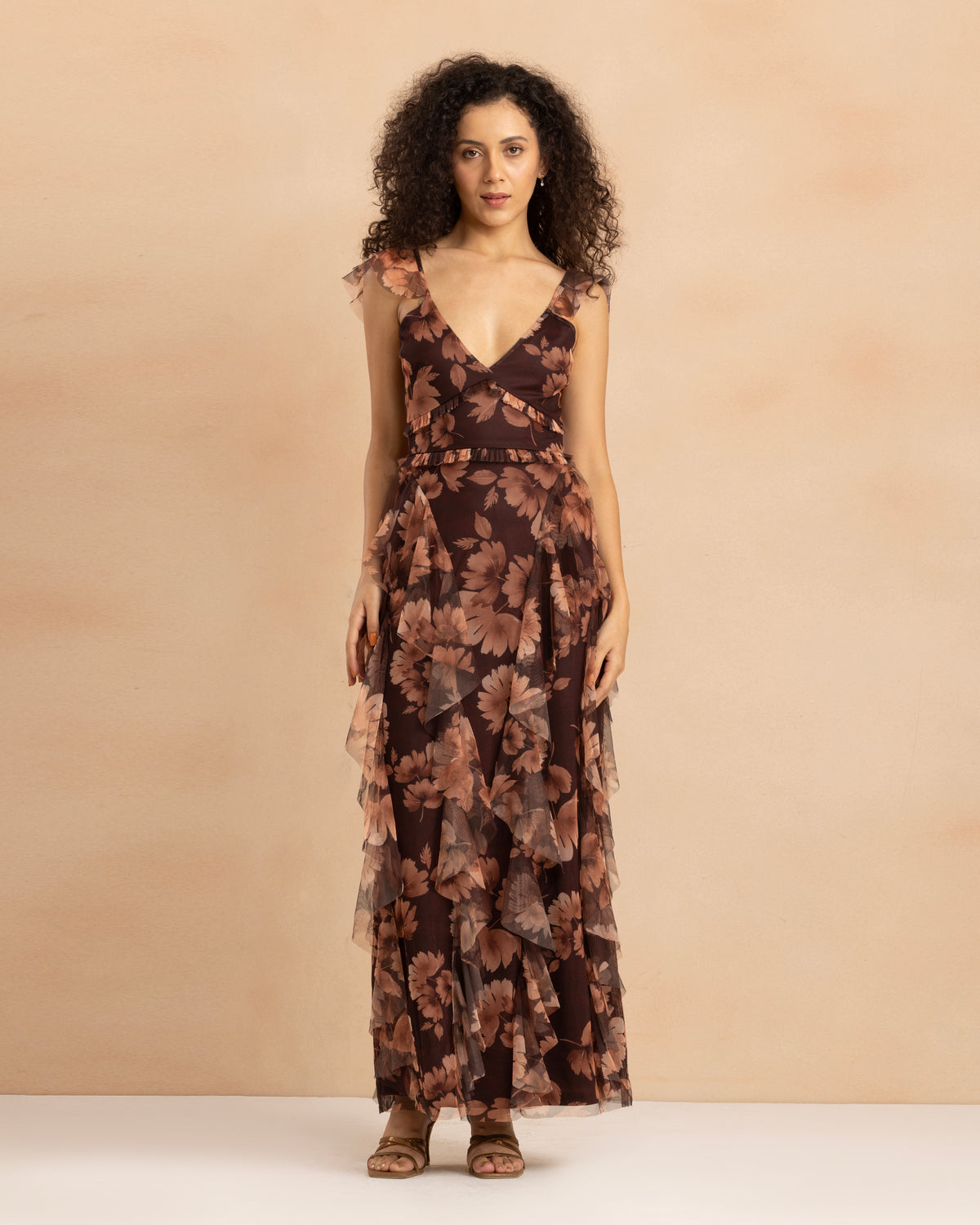 Malin Tulle Midaxi Dress in Autumnal Leaf Print