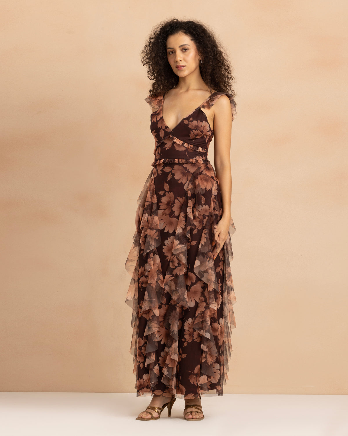 Malin Tulle Midaxi Dress in Autumnal Leaf Print