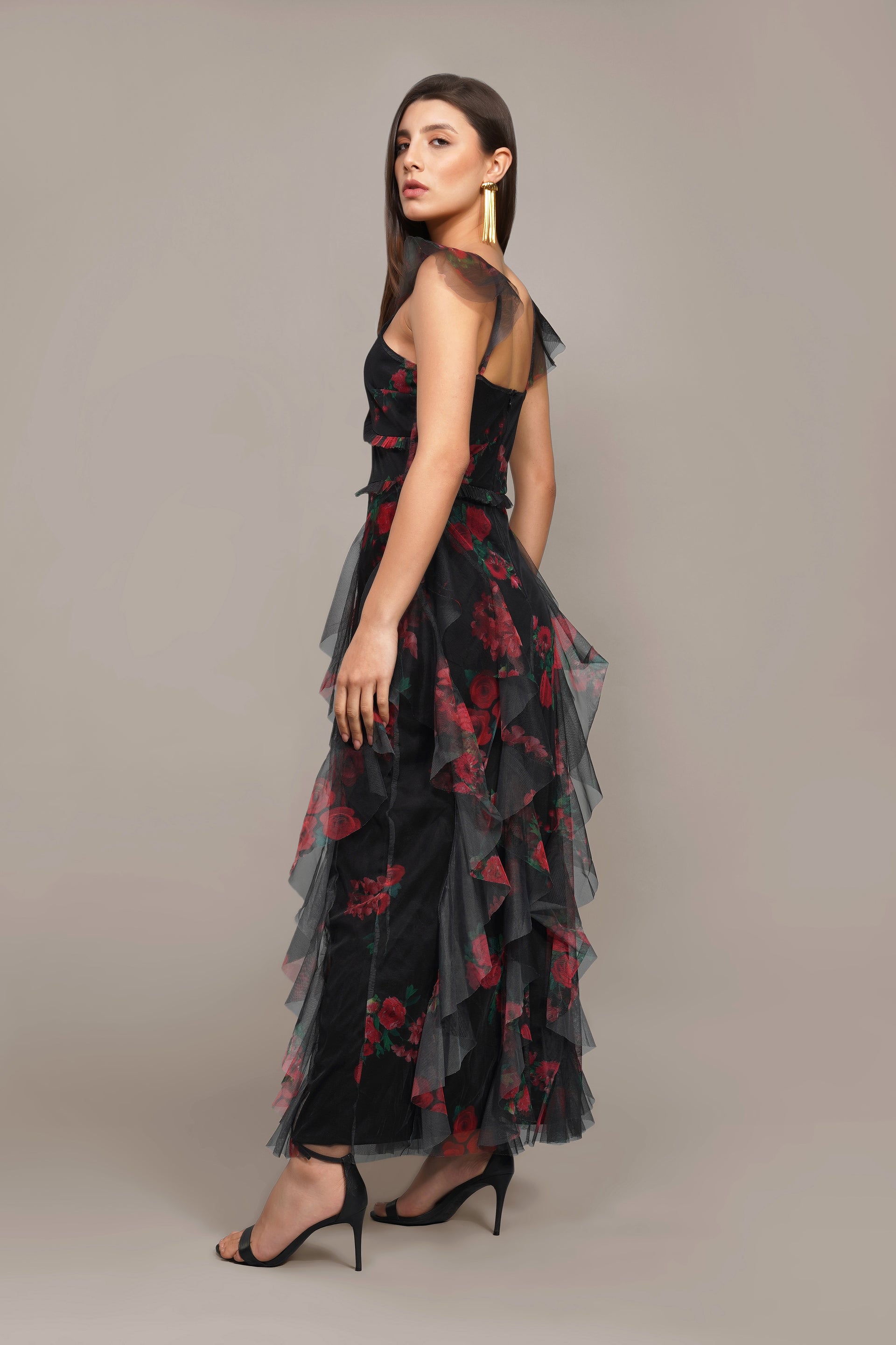 Malin Tulle Maxi Dress in Black and Red Floral
