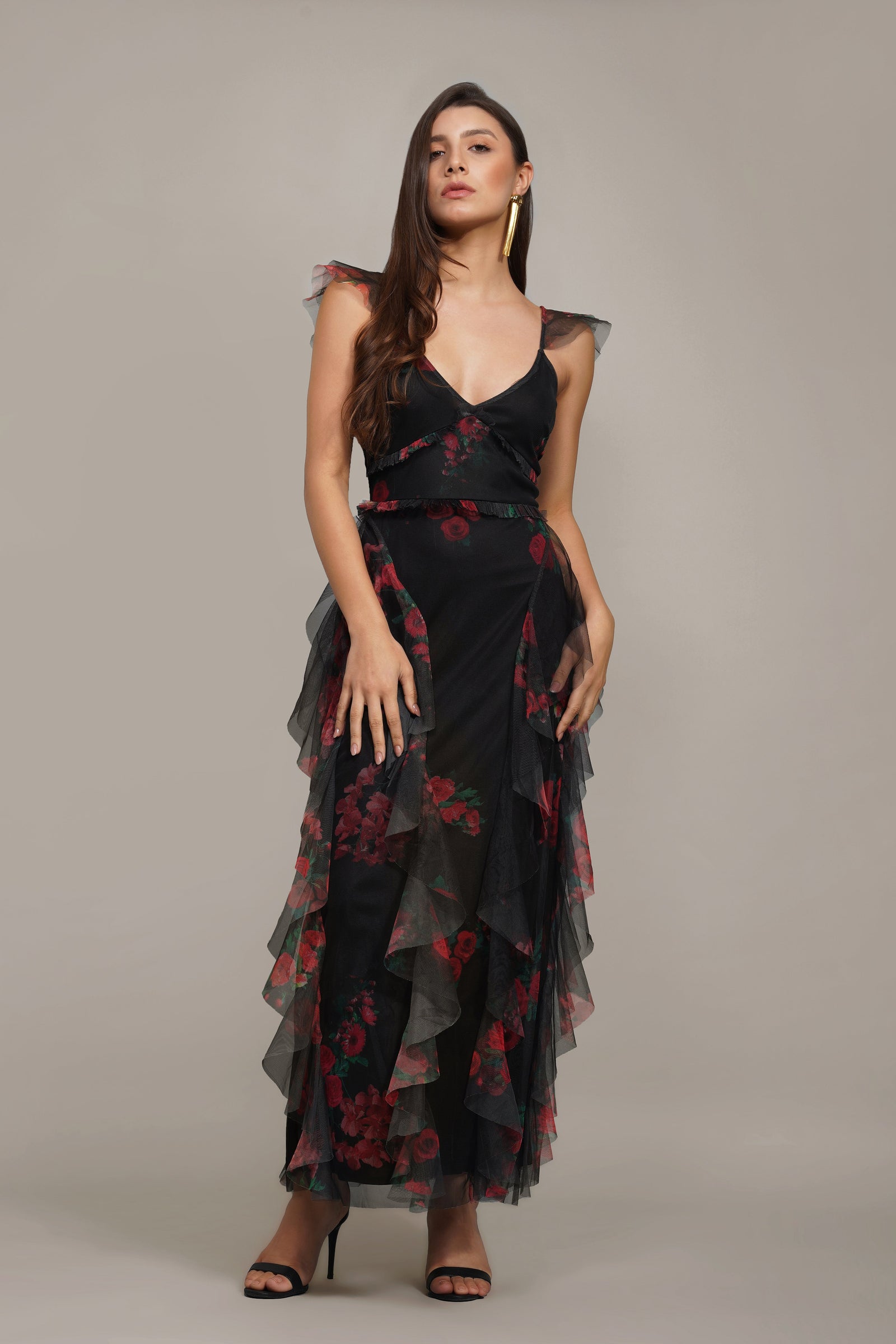 Malin Tulle Maxi Dress in Black and Red Floral – Lace & Beads