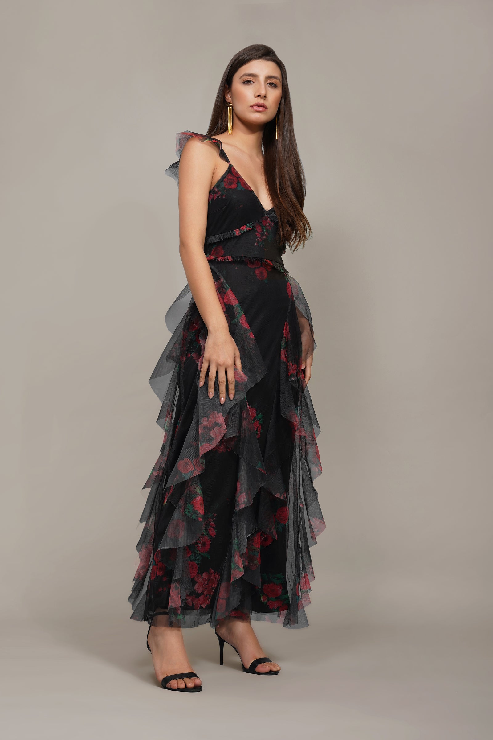 Malin Tulle Maxi Dress in Black and Red Floral – Lace & Beads