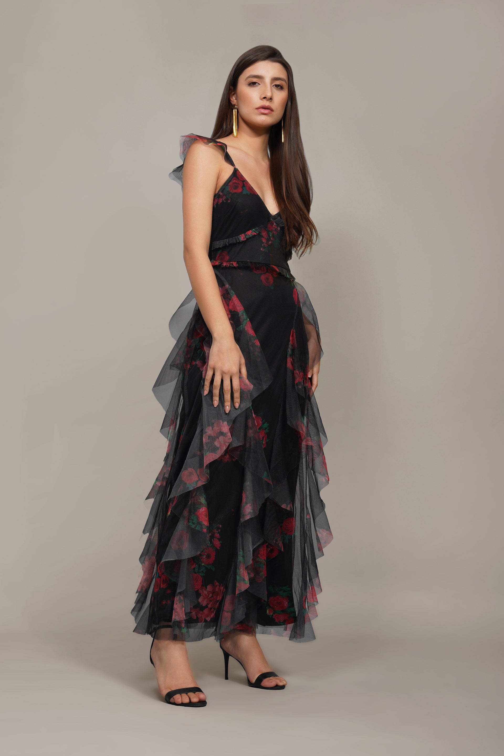 Malin Tulle Maxi Dress in Black and Red Floral