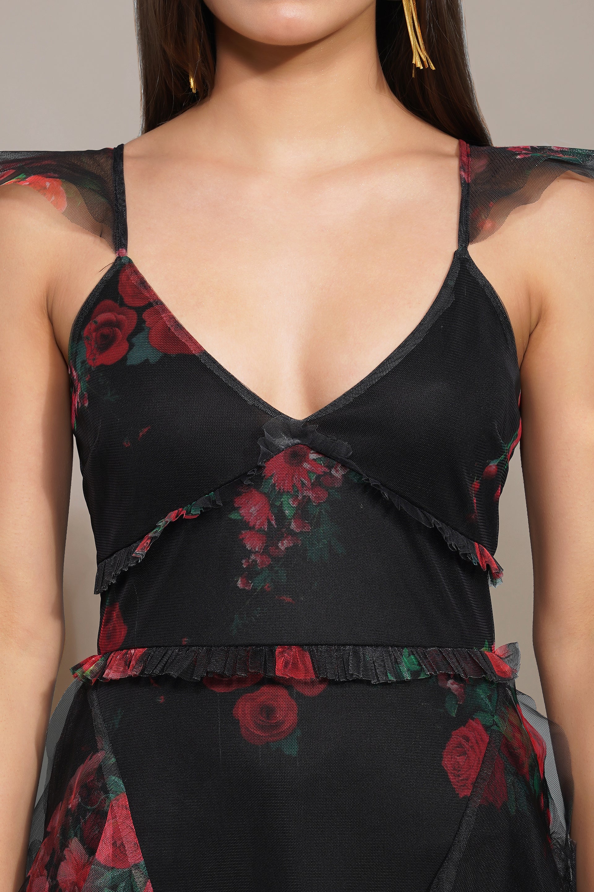 Malin Tulle Maxi Dress in Black and Red Floral