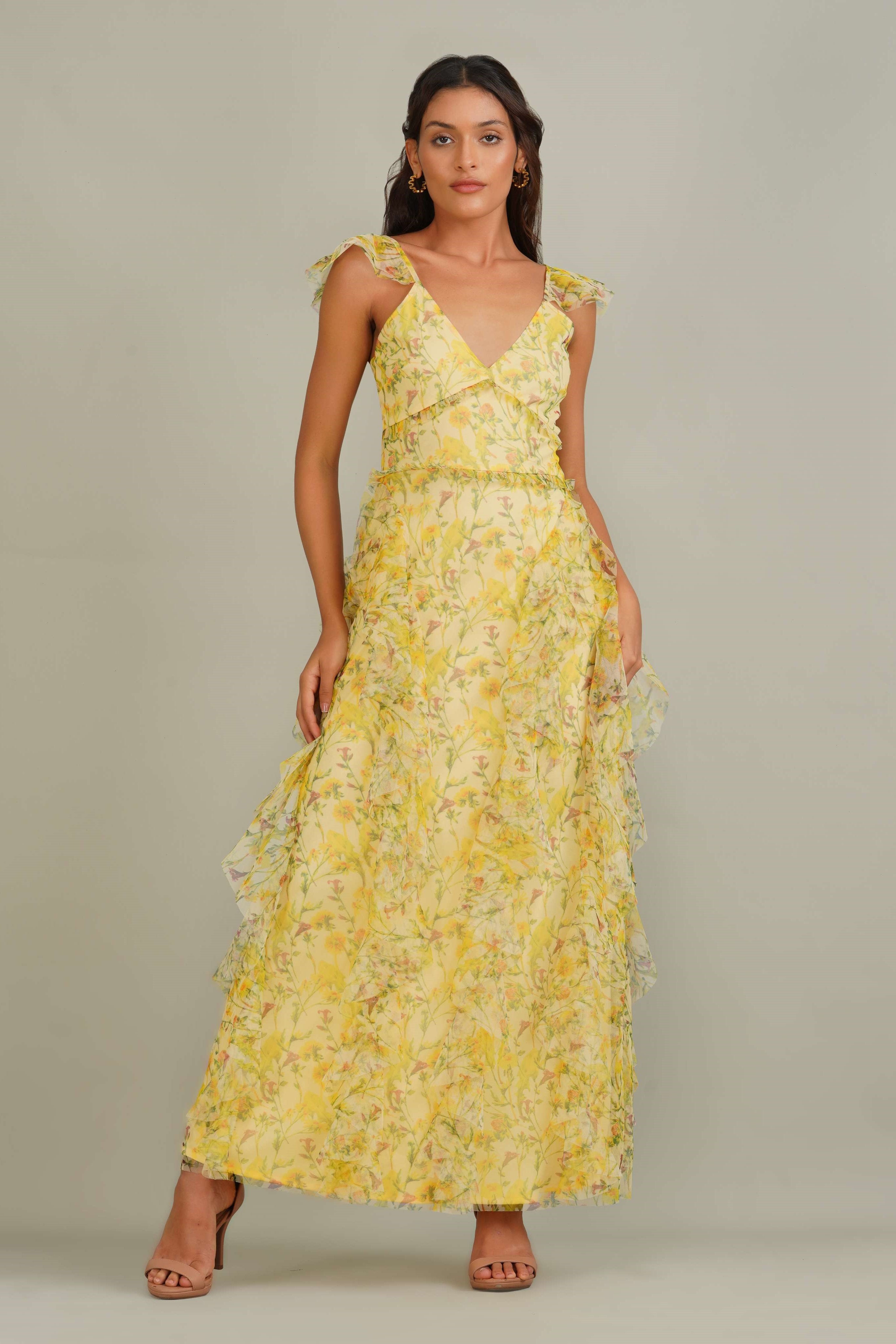 Yellow Floral Bridesmaid Wedding Guest Ruffle Maxi with Butterfly Sleeve