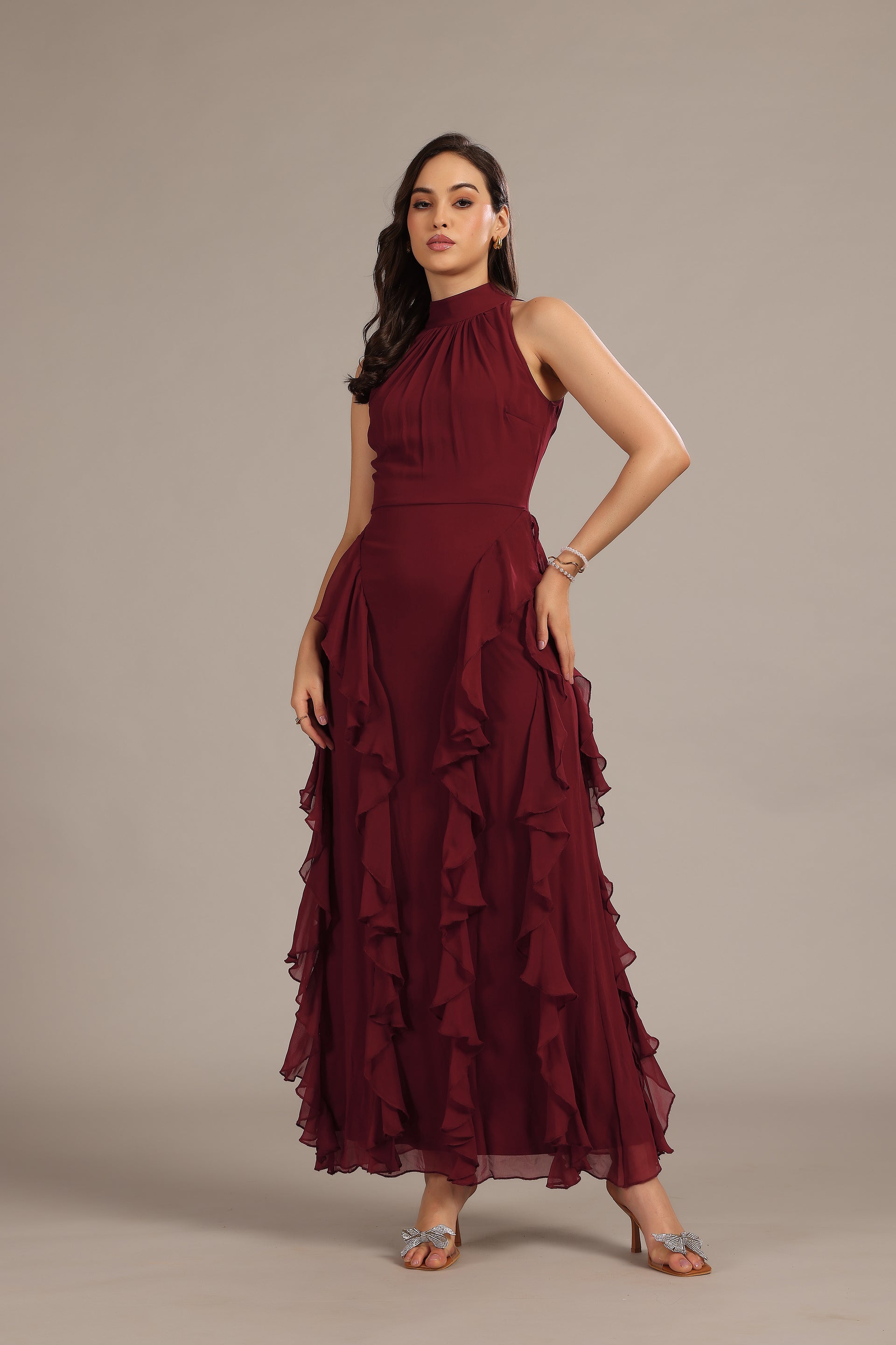 Sleeveless high neck ruffle backless burgundy maxi dress