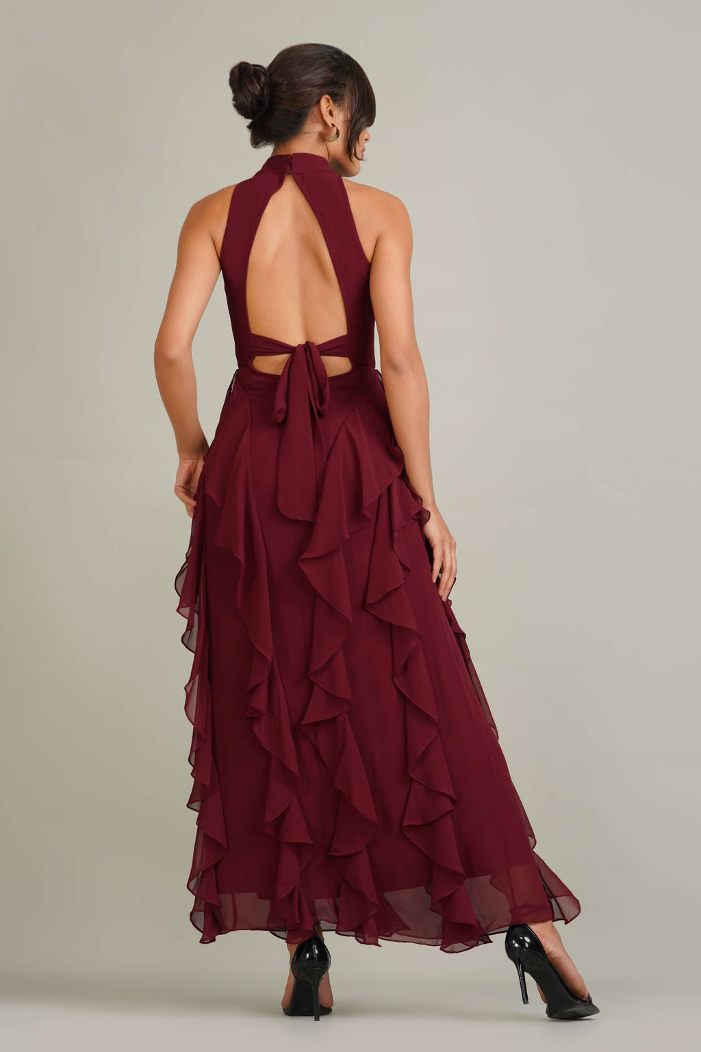 Malinina Maxi Dress in Burgundy – Lace & Beads