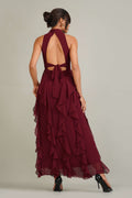 Sleeveless high neck ruffle backless burgundy maxi dress