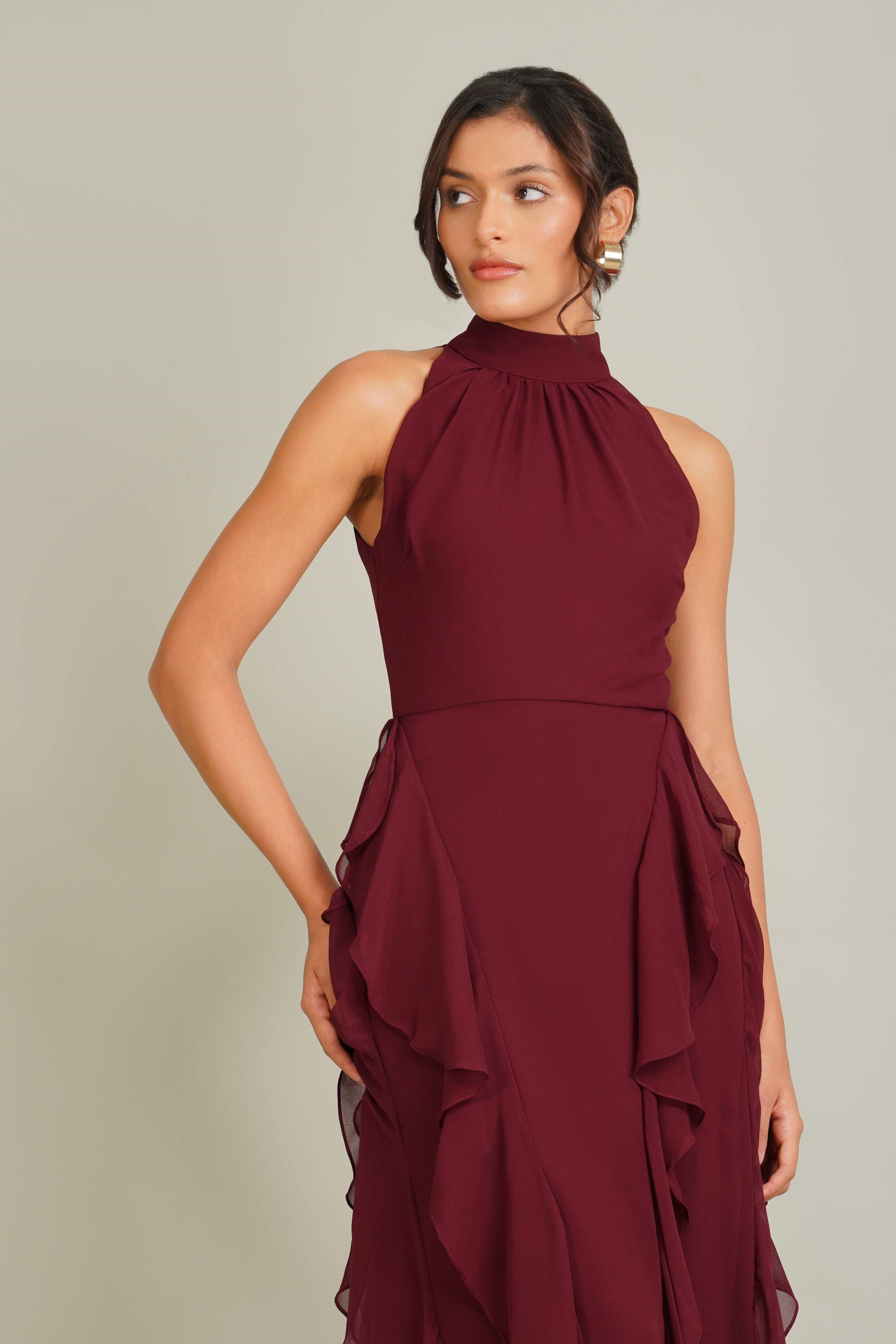 Malinina Maxi Dress in Burgundy – Lace & Beads