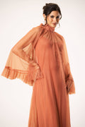 Long sleeve hippie high neck midaxi flared soft mesh dress orange