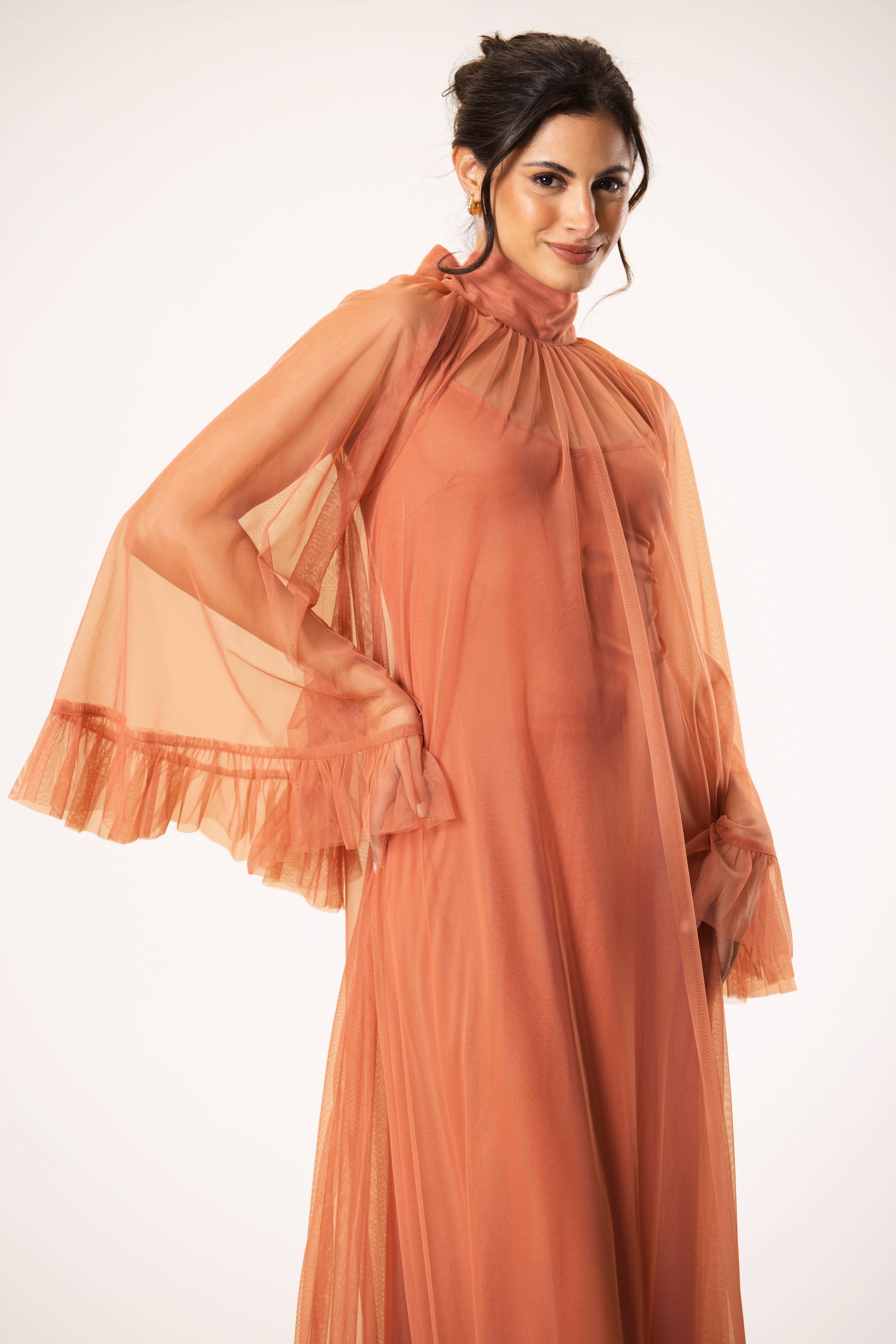 Long sleeve hippie high neck midaxi flared soft mesh dress orange