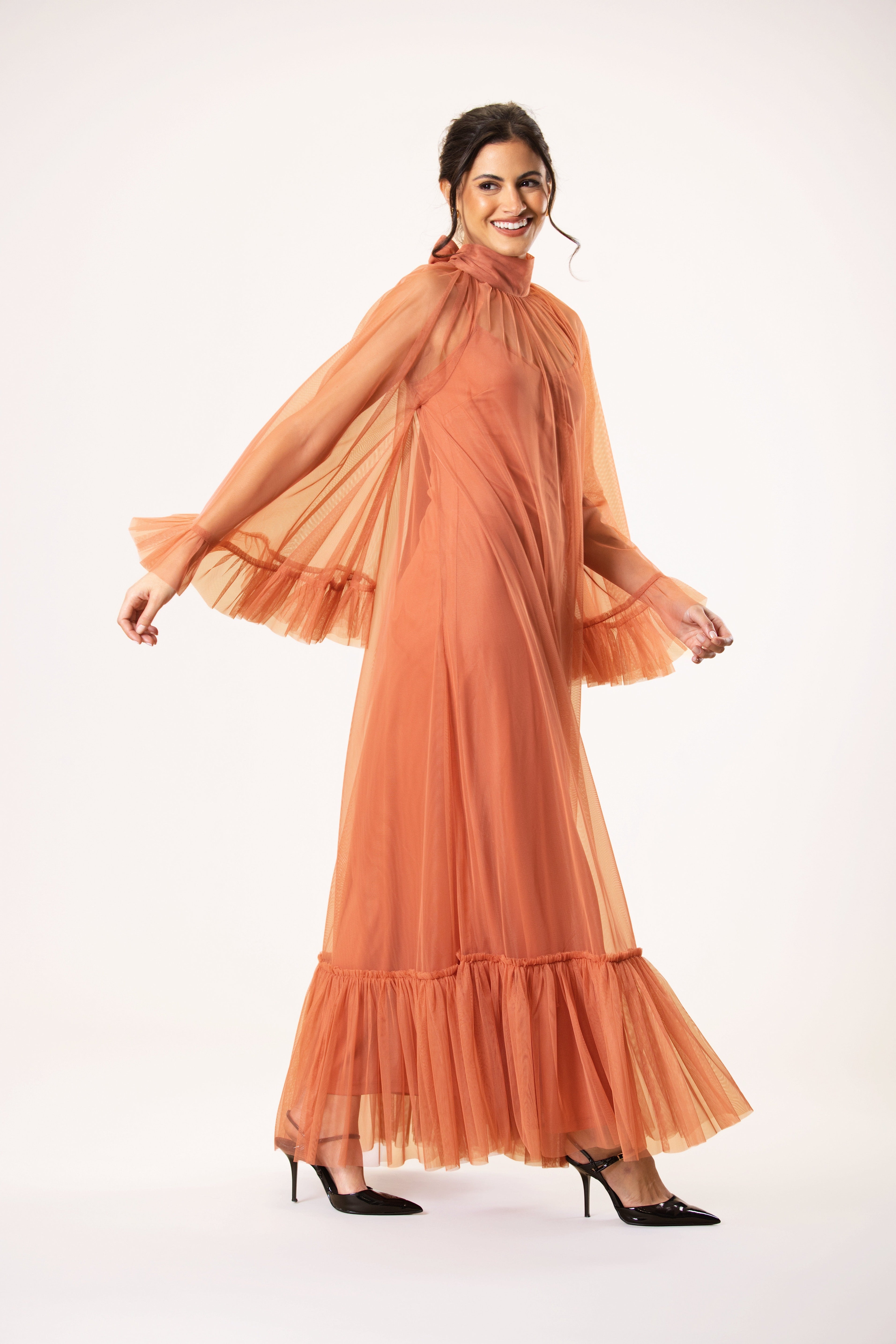 Malta Tulle Midaxi Dress in Terracotta