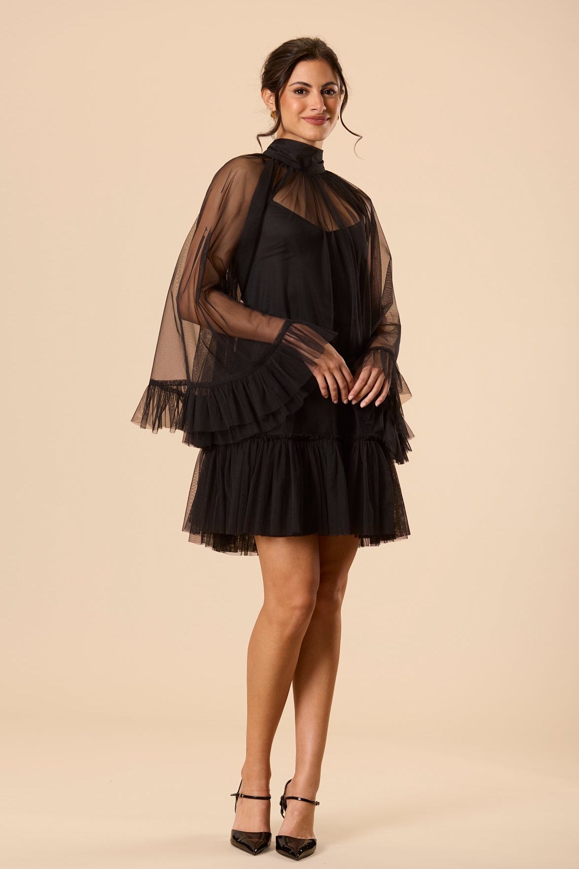 Long Sleeve Bell High Neck Tie Soft Mesh Loose 70s Mini Black Dress