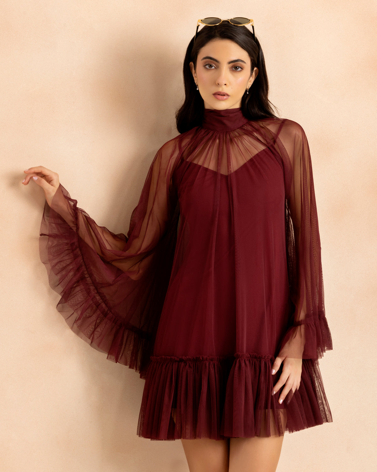 Malta Tulle Mini Dress in Cabernet