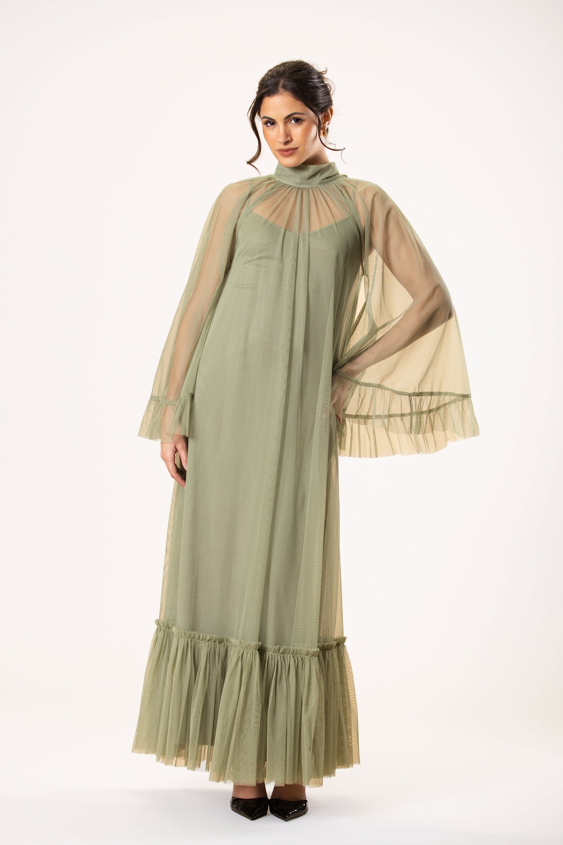 Long sleeve tulle mesh midaxi soft green olive high-neck bow dress