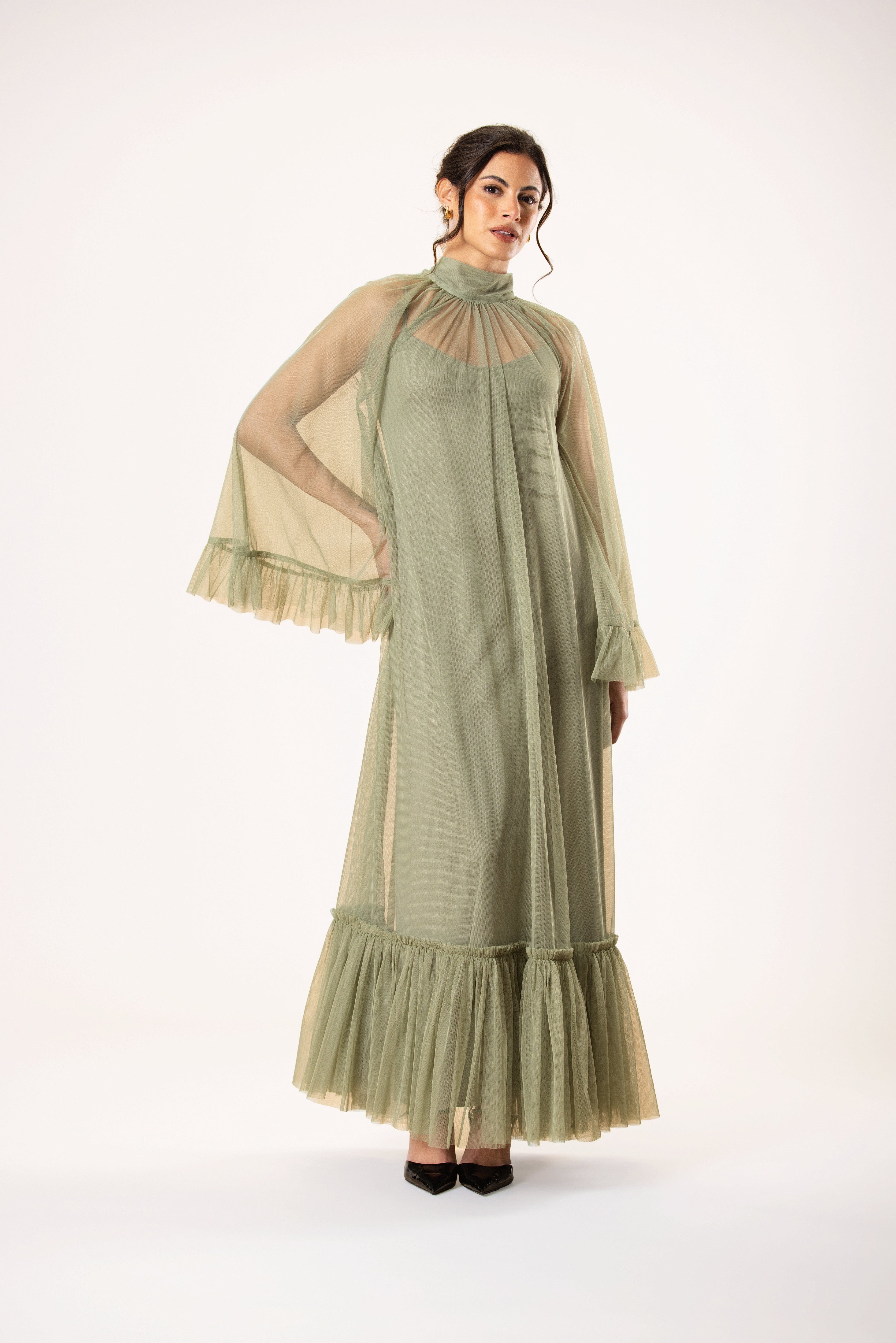 Malta Tulle Midaxi Dress in Soft Olive