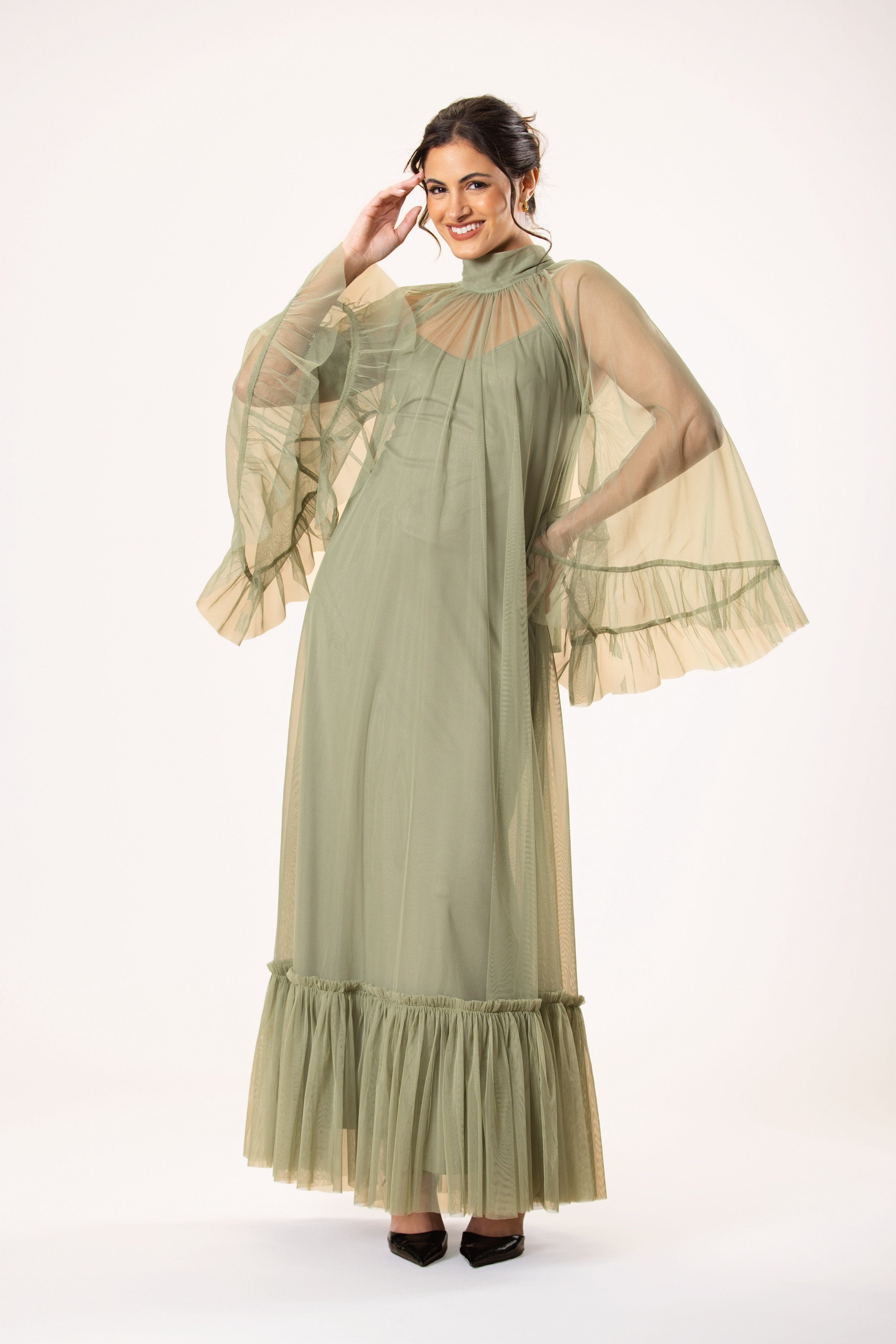 Malta Tulle Midaxi Dress in Soft Olive
