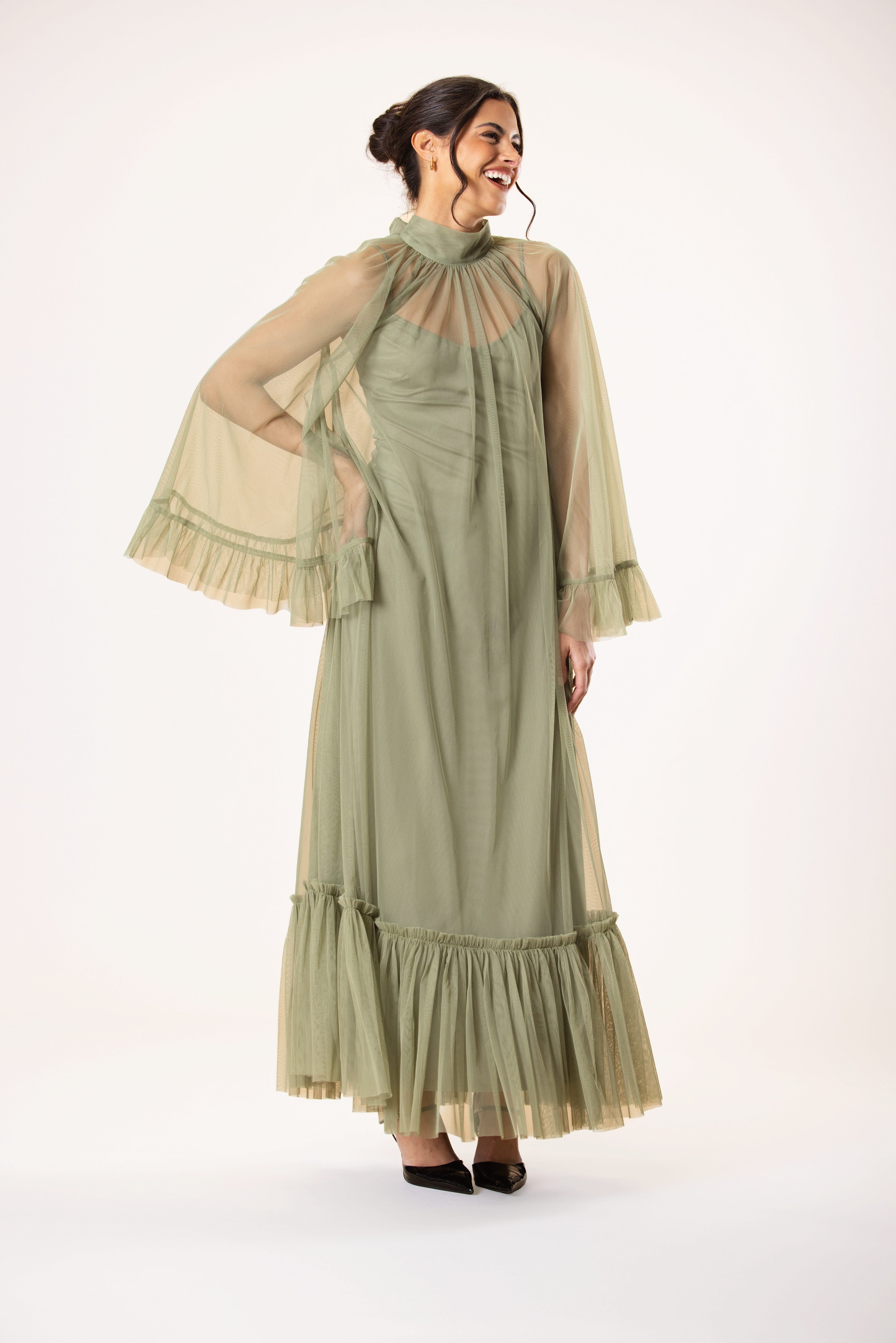 Malta Tulle Midaxi Dress in Soft Olive