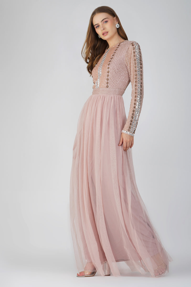 Melinda Long Sleeve Embellished Maxi Dress in Blush Pink Lace Beads