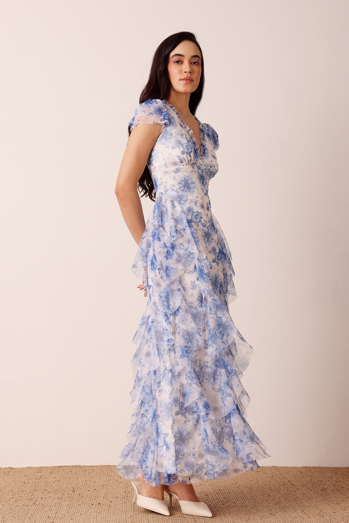 Ruffle v-line plunging frill trim cap sleeve blue floral maxi dress