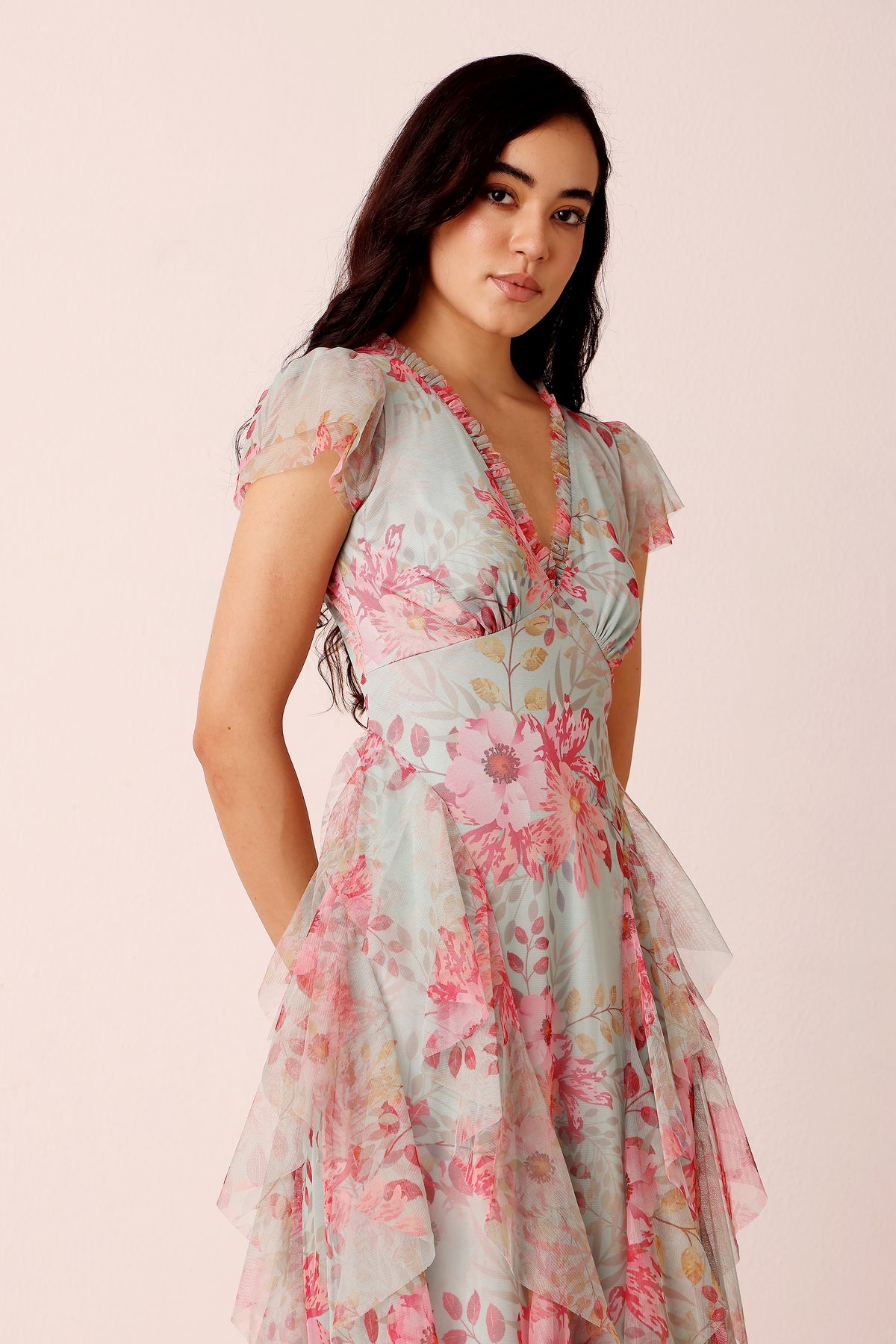 Capped sleeve V-neckline ruffle maxi wedding guest dress mint teal pink floral