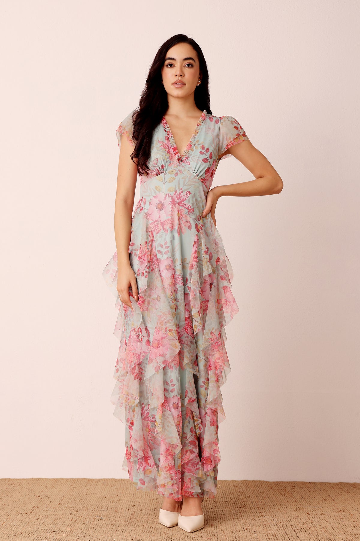 Capped sleeve V-neckline ruffle maxi wedding guest dress mint teal pink floral